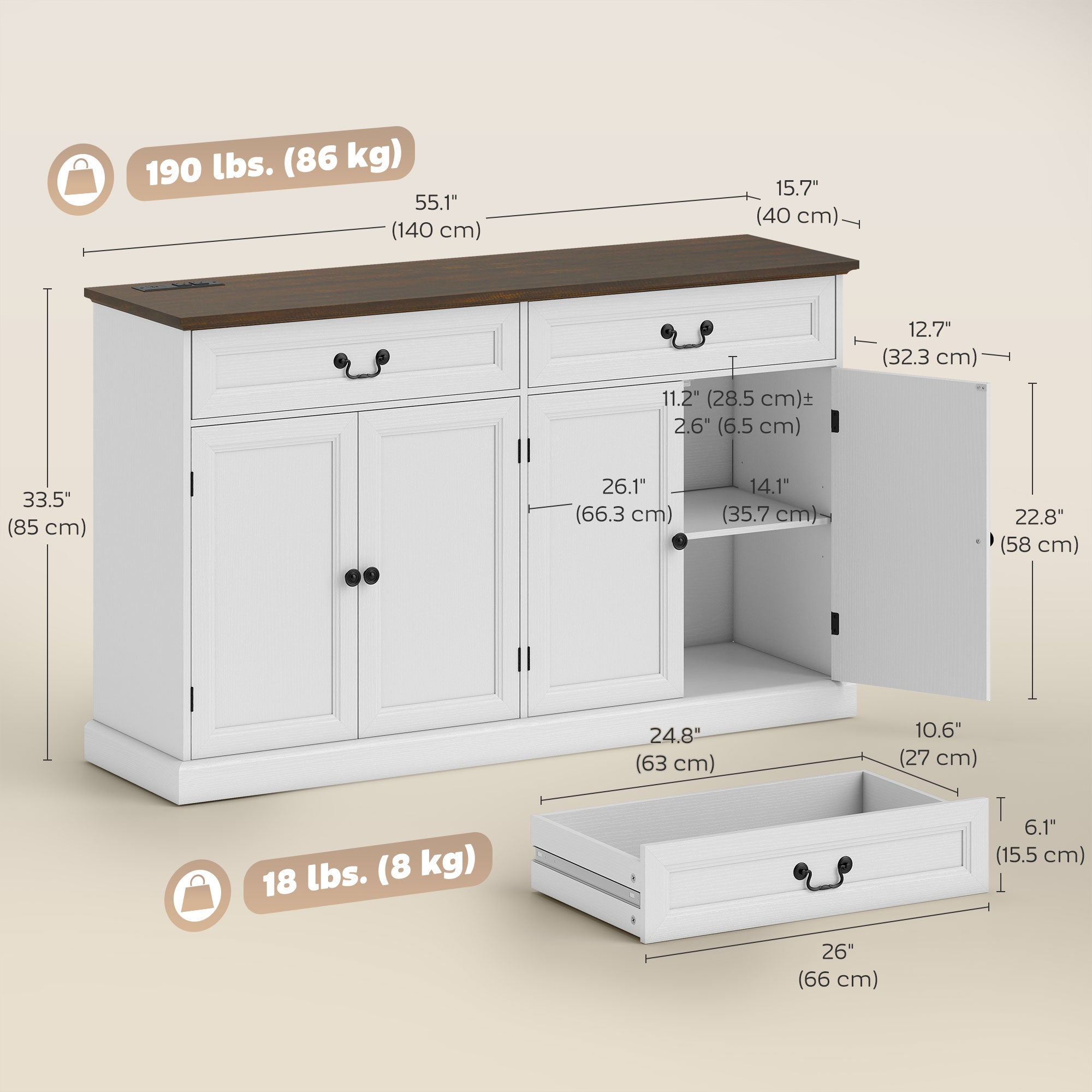 Buffet Cabinet, 55" Farmhouse Sideboard with Charging Station, 2 Drawers and 2 Adjustable Shelves, White Wood Grain