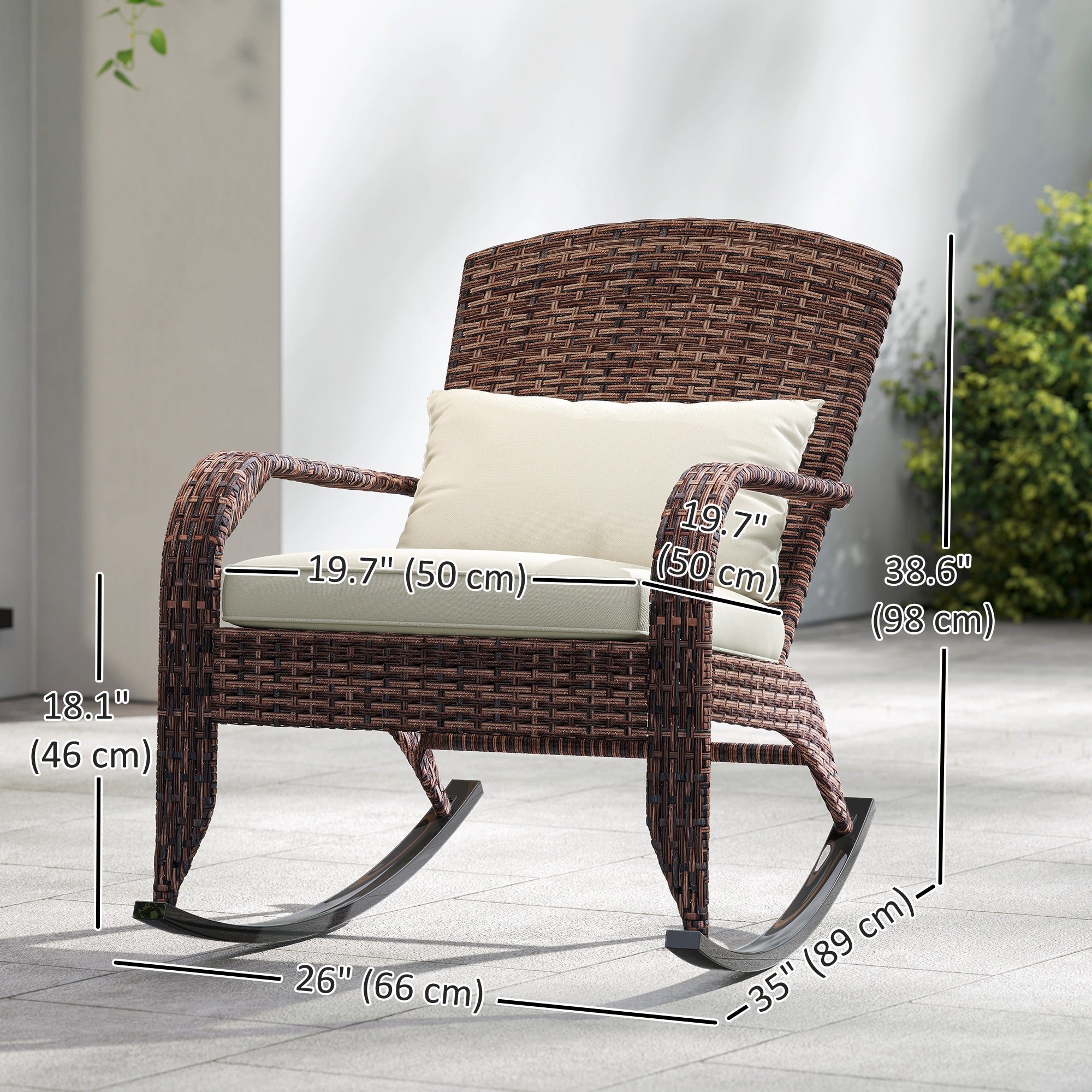 Adirondack Chair, Outdoor Wicker Rocking Chair with High Back, Seat Cushion and Pillow for Porch, Balcony, Cream/Brown