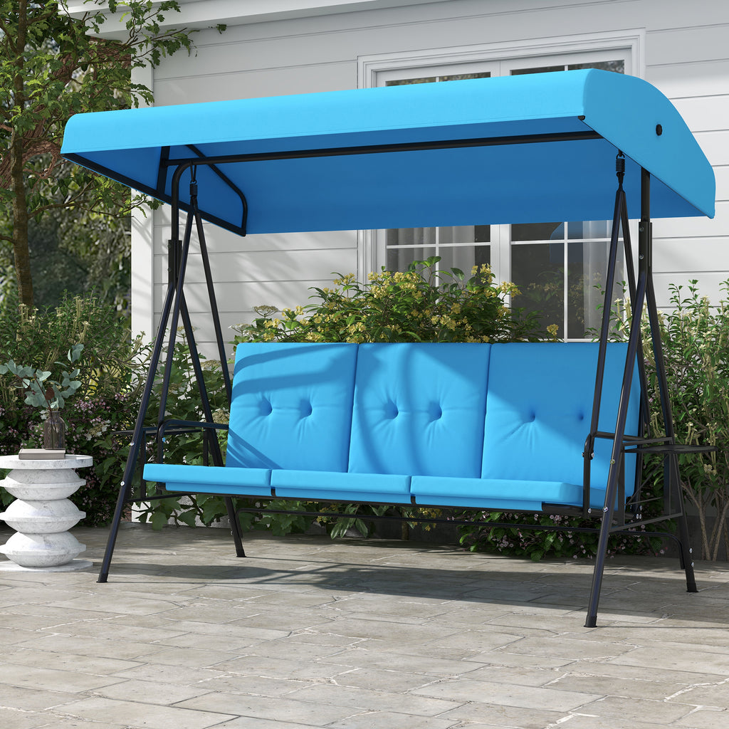 3-Seat Outdoor Porch Swing Patio Swing with Adjustable Canopy, Side Tray, Removable Cushion for Garden, Poolside, Blue