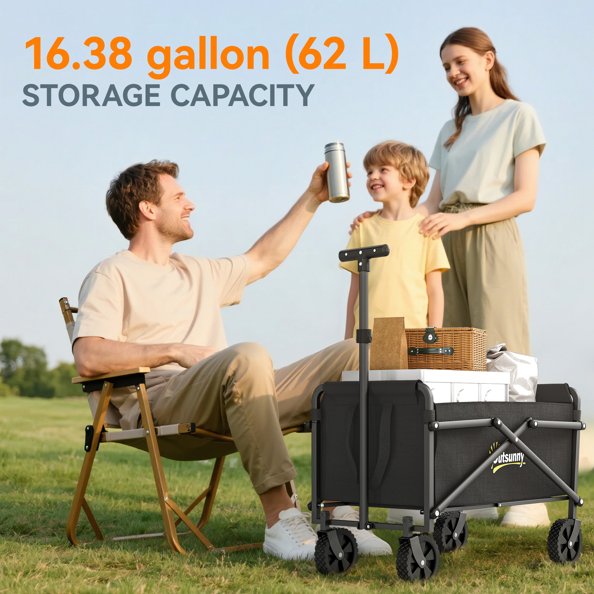 Small Collapsible Folding Garden Cart, Heavy Duty Lawn Wagon with Universal Wheels and Adjustable Handle, Black
