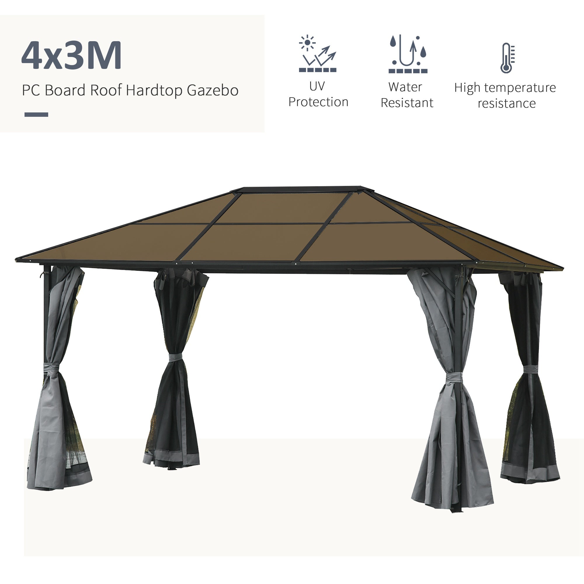 10' x 13' Hardtop Gazebo Aluminum Framed Marquee Party Tent Shelter with Mesh Curtains & Side Walls - Grey