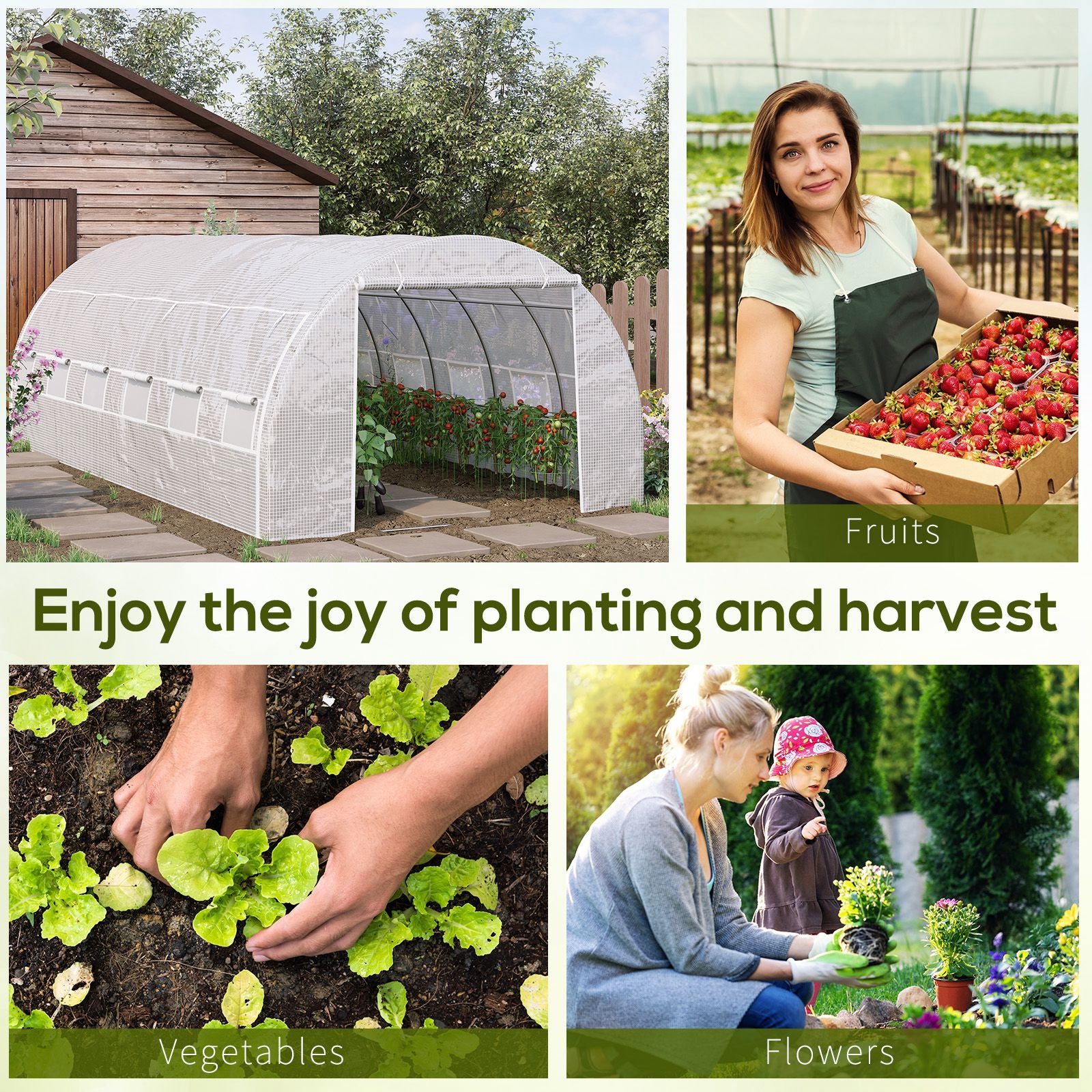 20'x10'x6.6' Tunnel Greenhouse with UV-Resistant Cover, Zippered Door and 12 Roll-up Windows, Outdoor Green House for Garden Plant, White