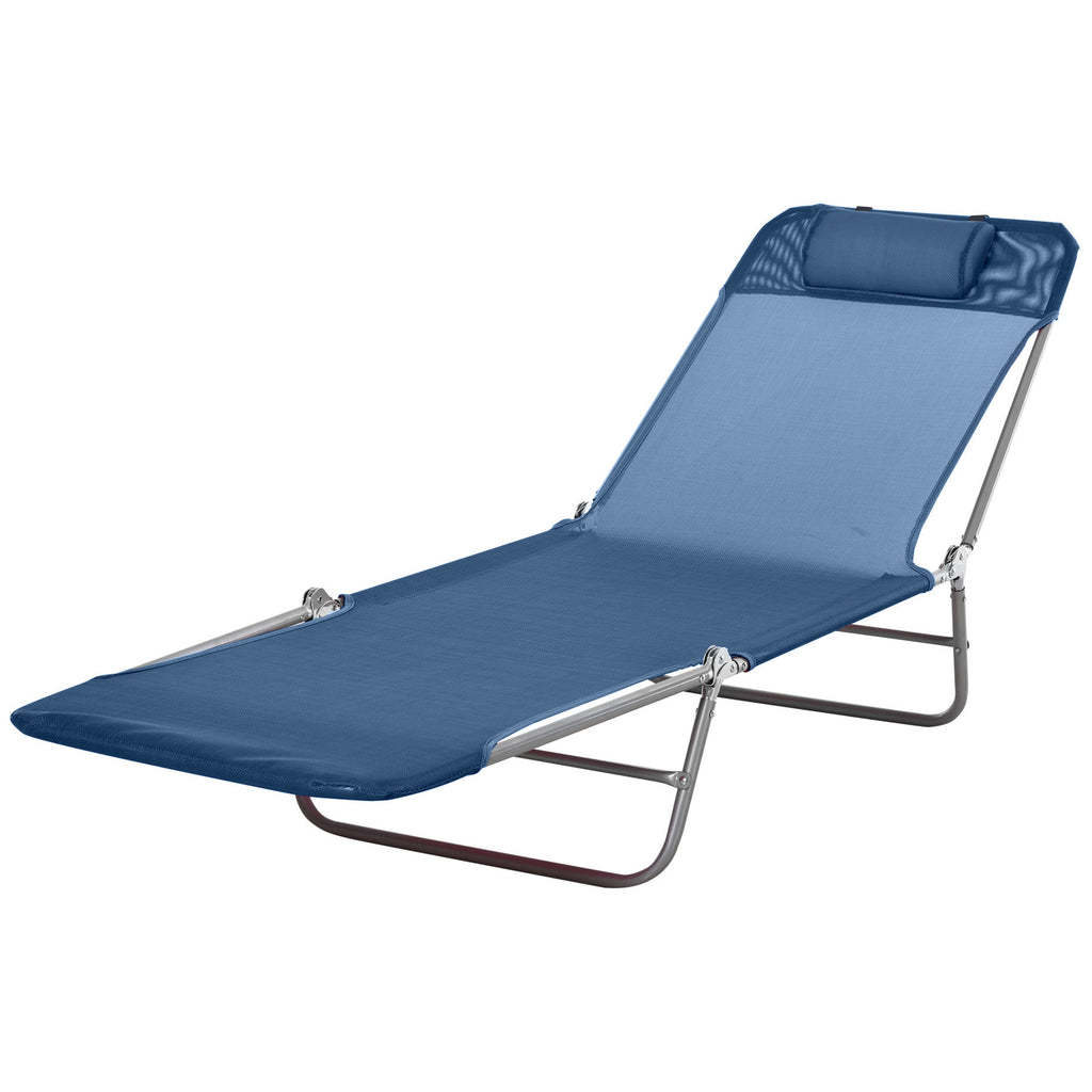 Outdoor Lounge Chair, Portable Adjustable Reclining Seat Folding Chaise Lounge Patio Camping Beach Tanning Chair Bed with Pillow, Dark Blue