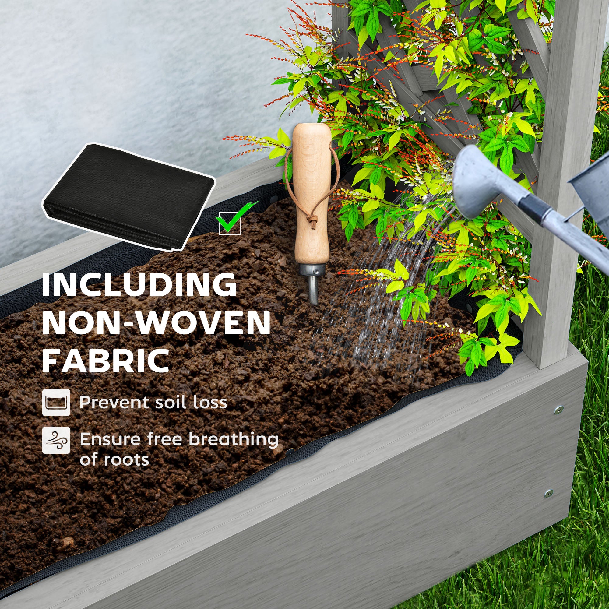 Wooden Raised Garden Bed with Trellis, Outdoor Planter Box with Hanging Roof, Drainage Holes and Bed Liner