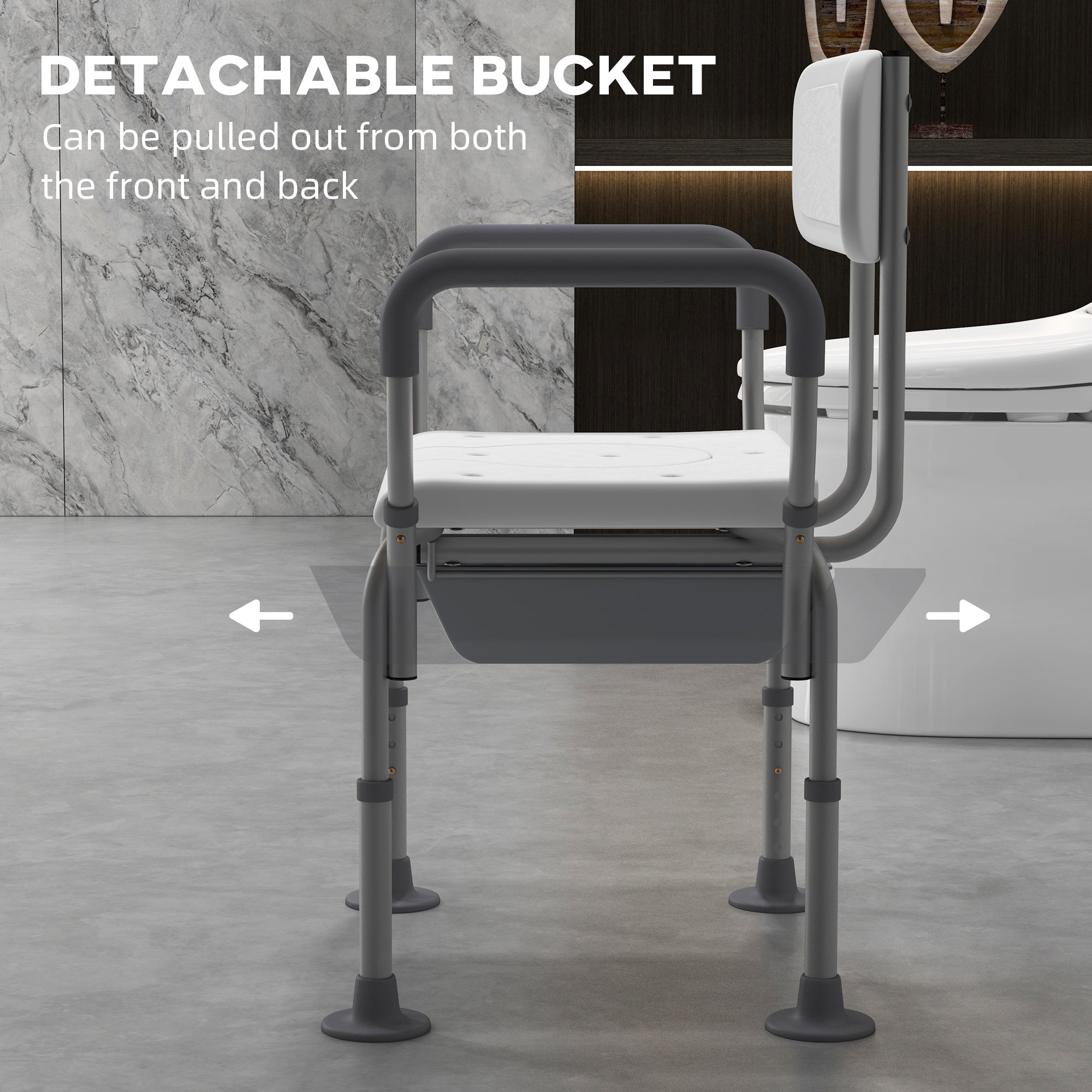 3-in-1 Shower Chair with Back, Adjustable Bedside Commode, Raised Toilet Seat w/ Rubber Foot Pad for Seniors, Disabled