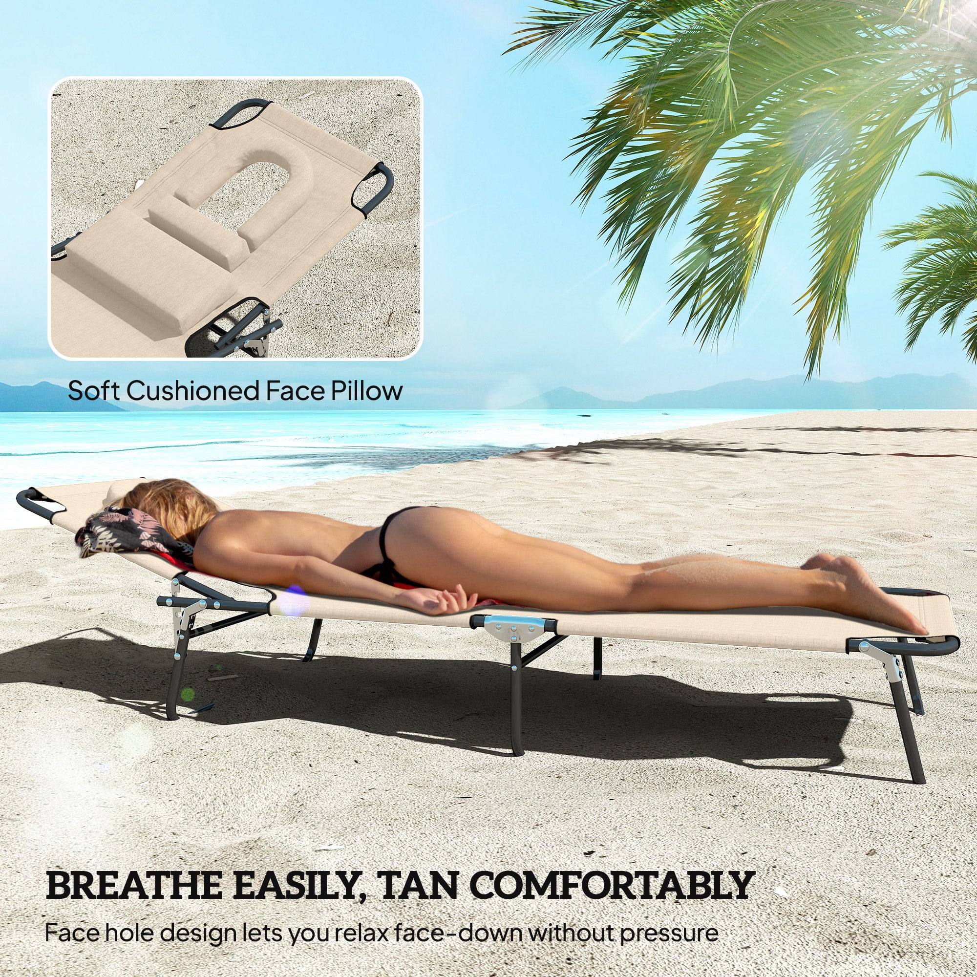 Outdoor Lounge Chair, Garden Folding Chaise Lounge w/ Adjustable Backrest, Face Hole and Support Pillow, Beige
