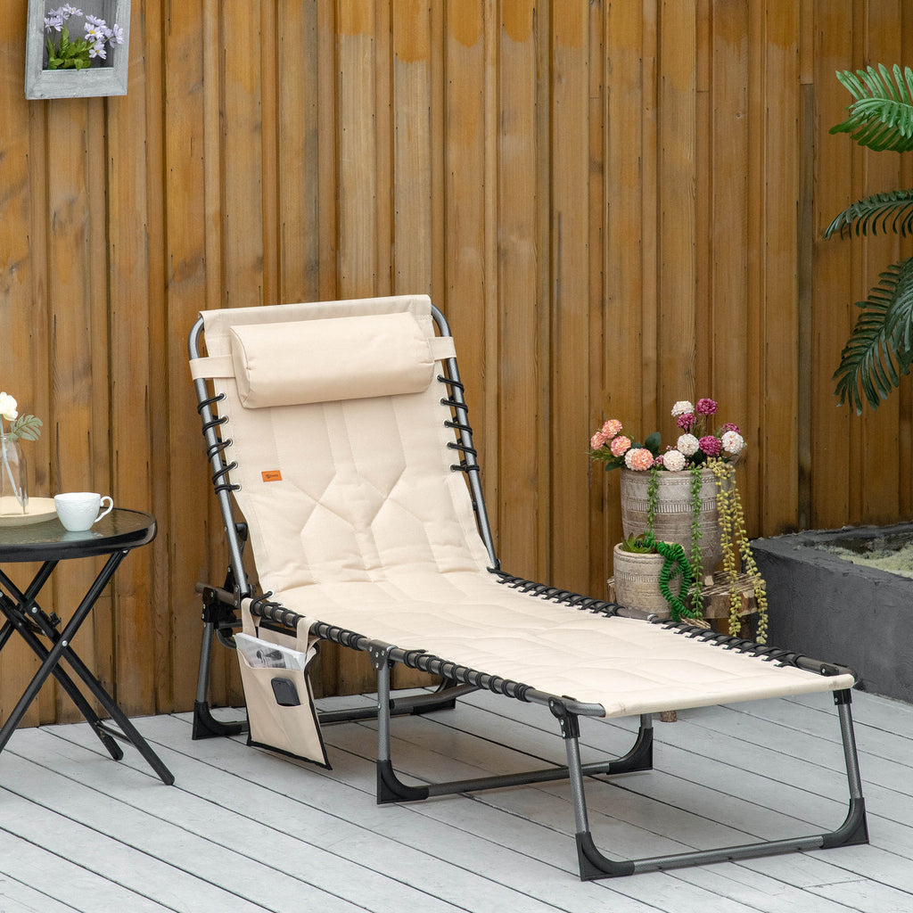 Outdoor Lounge Chair, Folding Chaise Lounge, Patio Padded Tanning Chair with 5-position Adjustable Backrest, Pillow and Pocket for Deck, Beach, Lawn and Sunbathing, Beige