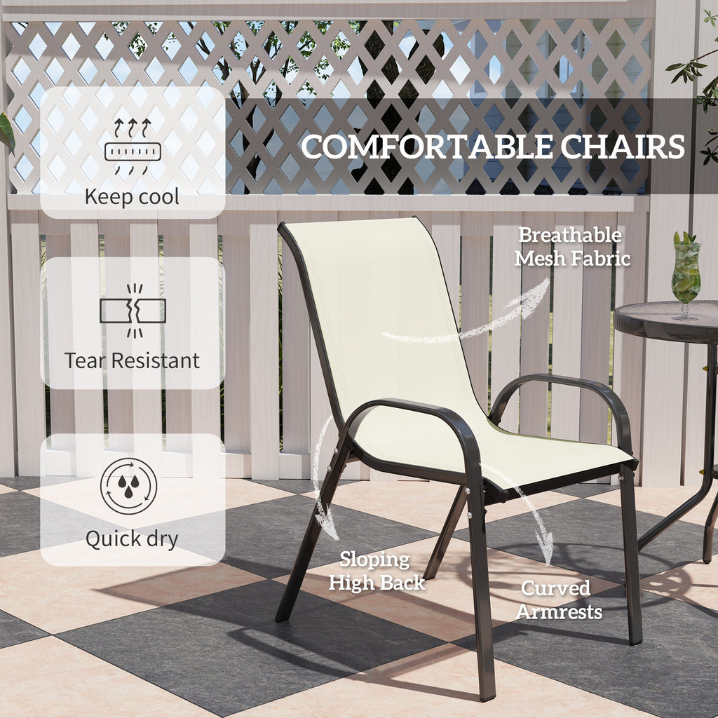 3 Pieces Bistro Set, Small Patio Furniture Set with Stackable Mesh Chairs, Glass Table for Garden, Balcony, Beige