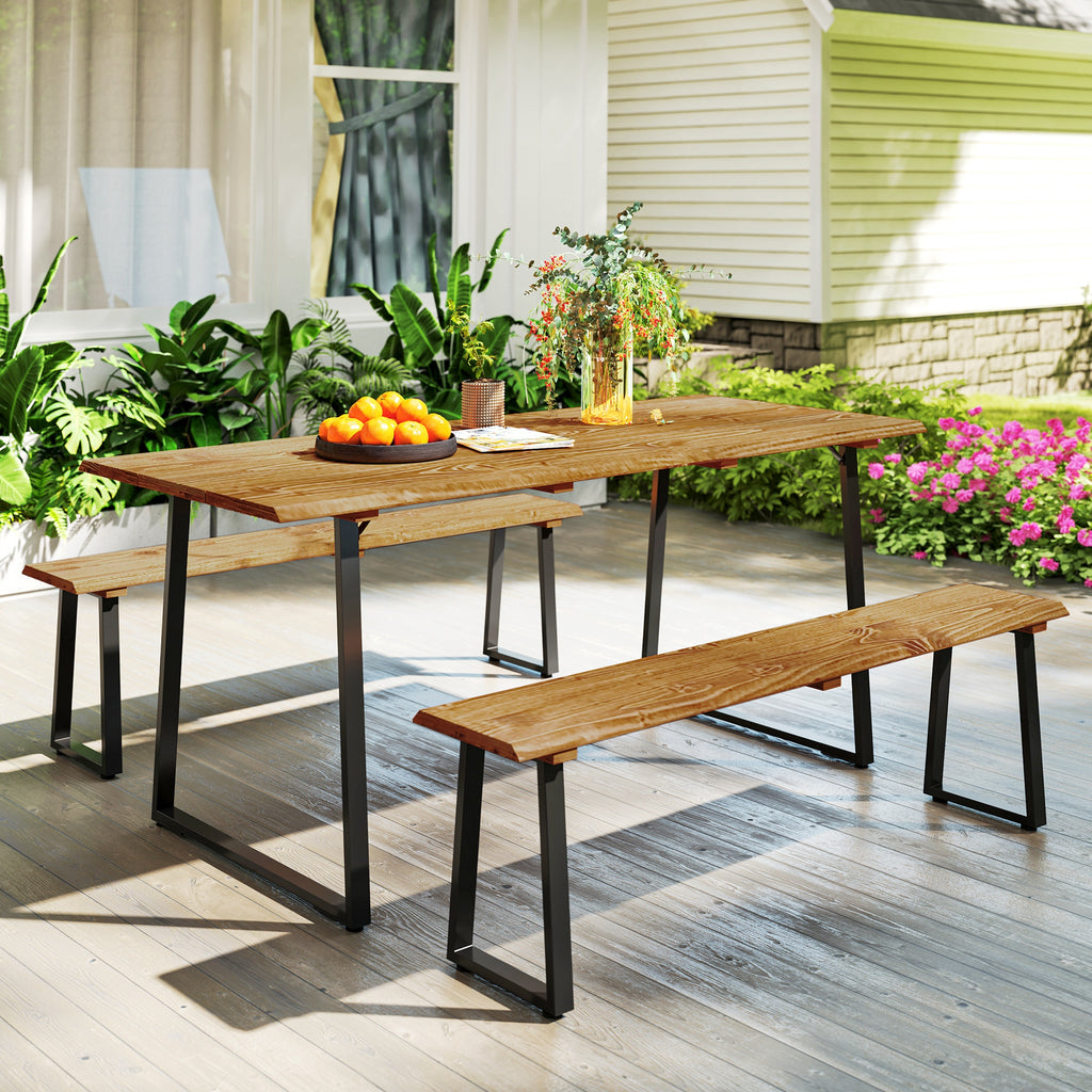 Picnic Table and Bench Set for 6 Persons with 2" Umbrella Hole, Slatted Top & Steel Frame, for Party, BBQ, Patio, Lawn
