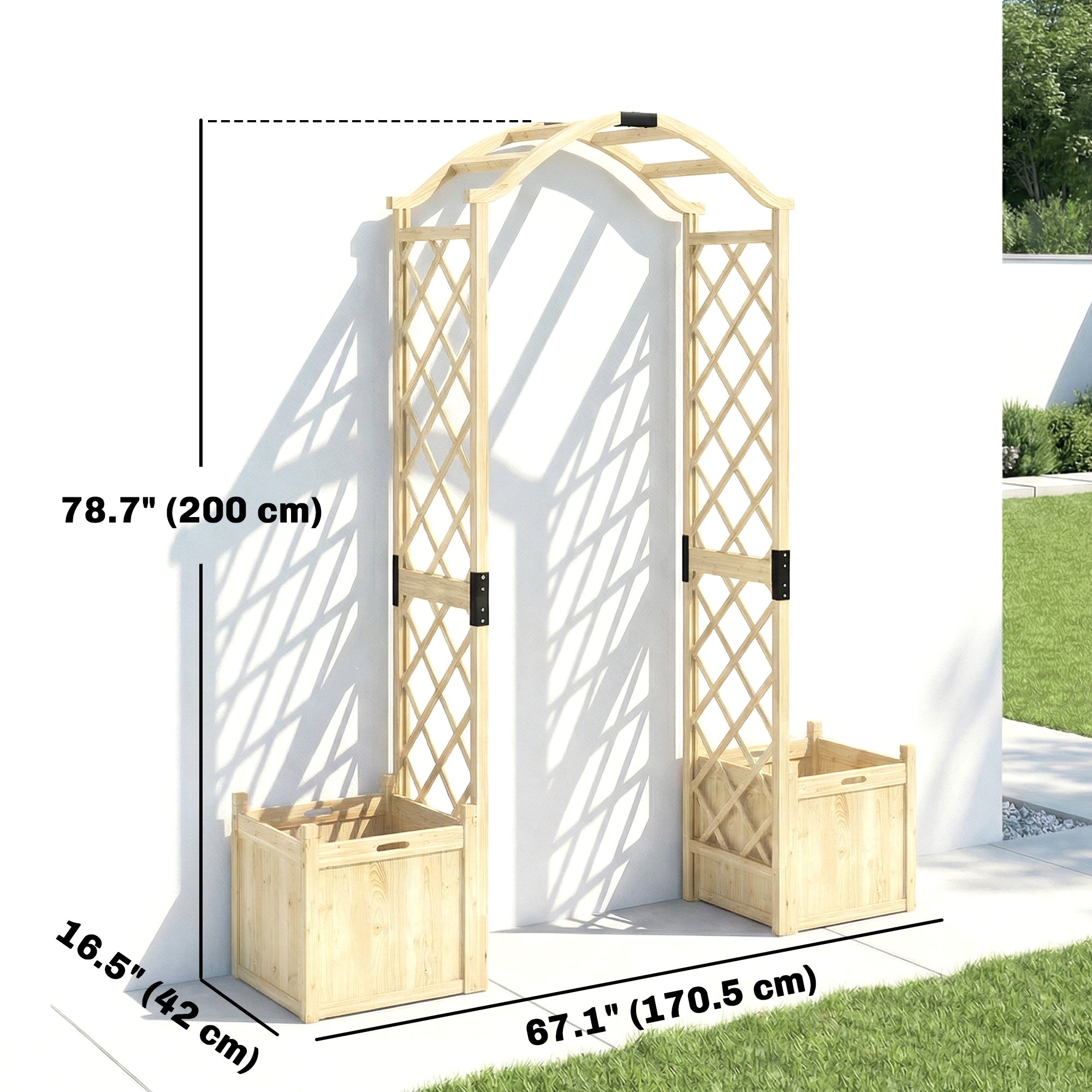 Wooden Garden Arch with 2 Planter Boxes, Arch Trellis for Climbing Plants, Decorative Arbor Archway, Natural Wood