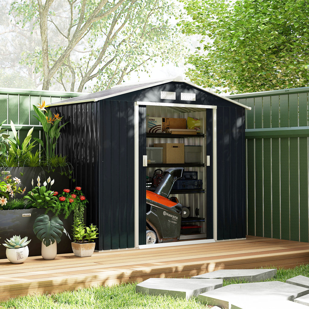 7' x 4' x 6' Garden Storage Shed Outdoor Patio Metal Tool Storage House w/ Foundation Kit and Double Doors Dark Grey