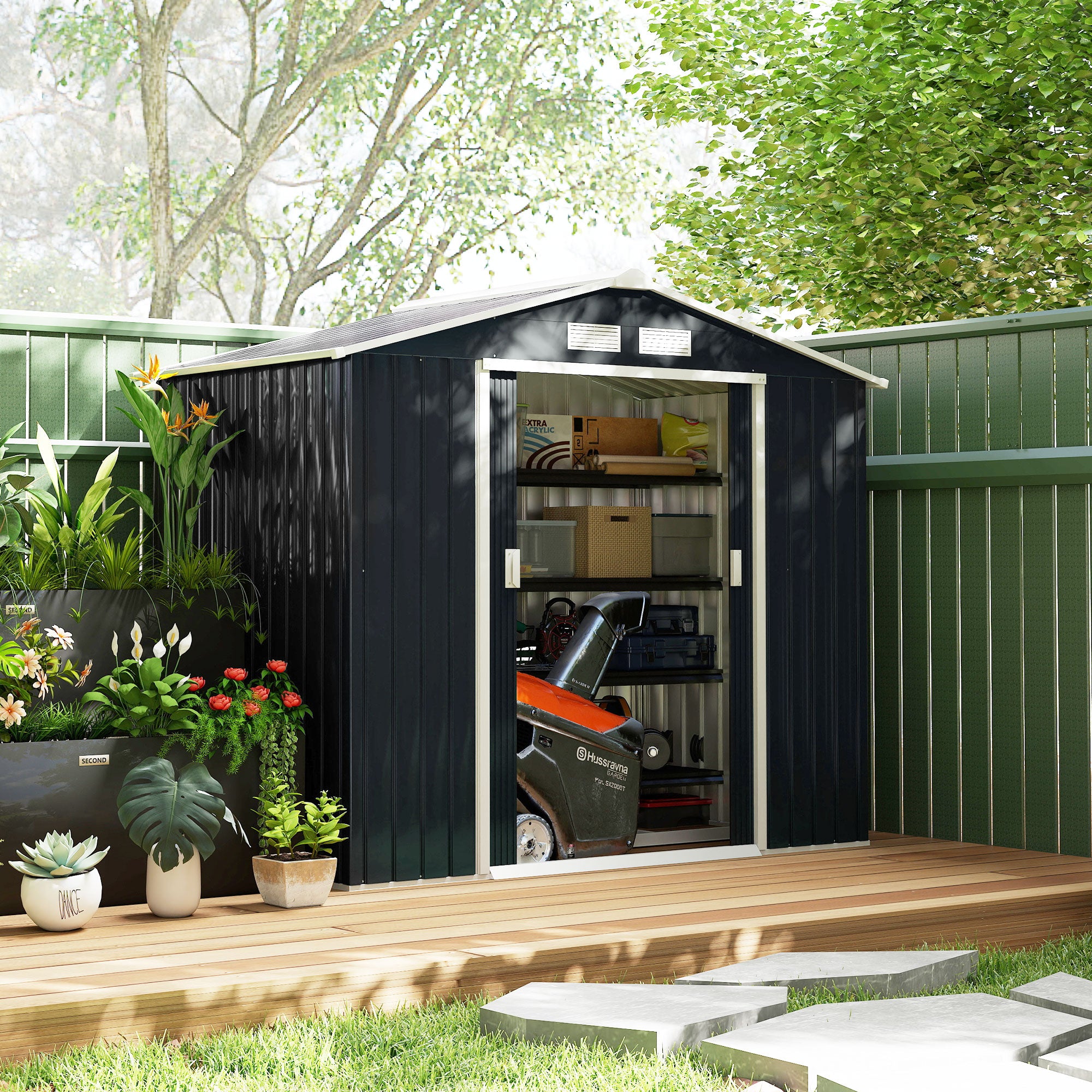 7' x 4' x 6' Garden Storage Shed Outdoor Patio Metal Tool Storage House w/ Foundation Kit and Double Doors Dark Grey