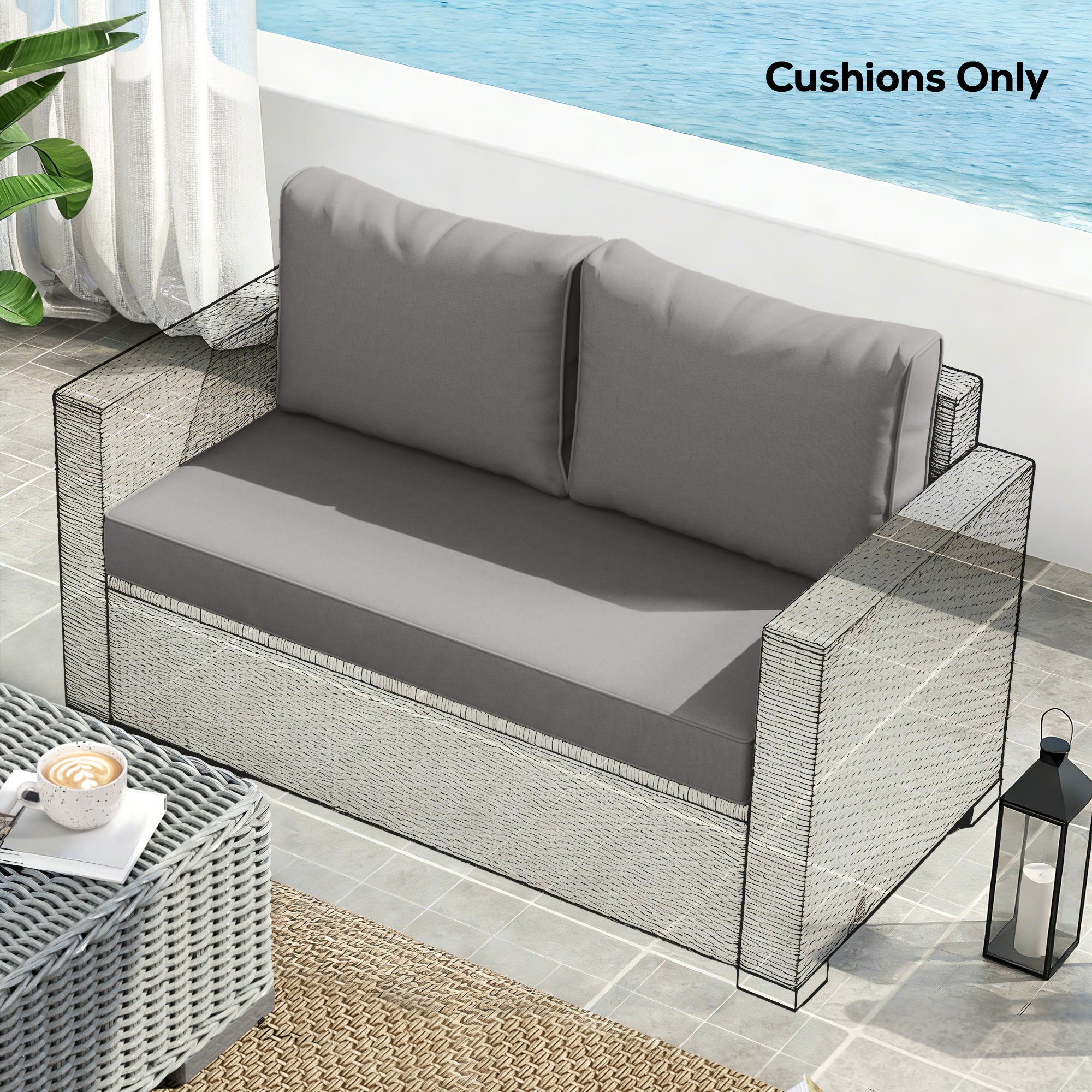 2 Seater Outdoor Seat Cushions with Backrest, Loveseat Double Sofa Outdoor Furniture Cushions, Light Grey