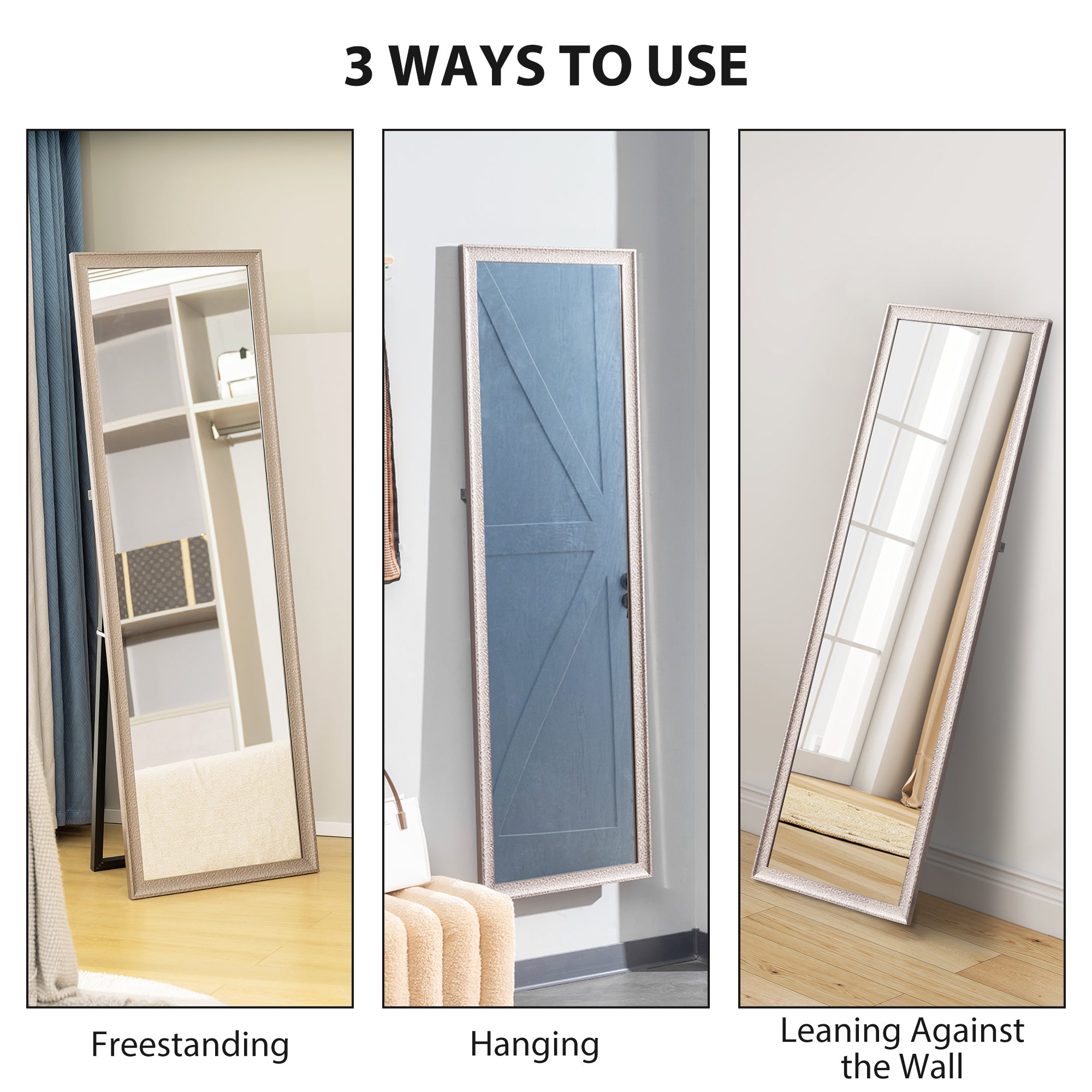 64" x 21" Rectangular Full Length Mirror with Frame, Free Standing, Wall Mounted or Leaning, Gunmetal Silver