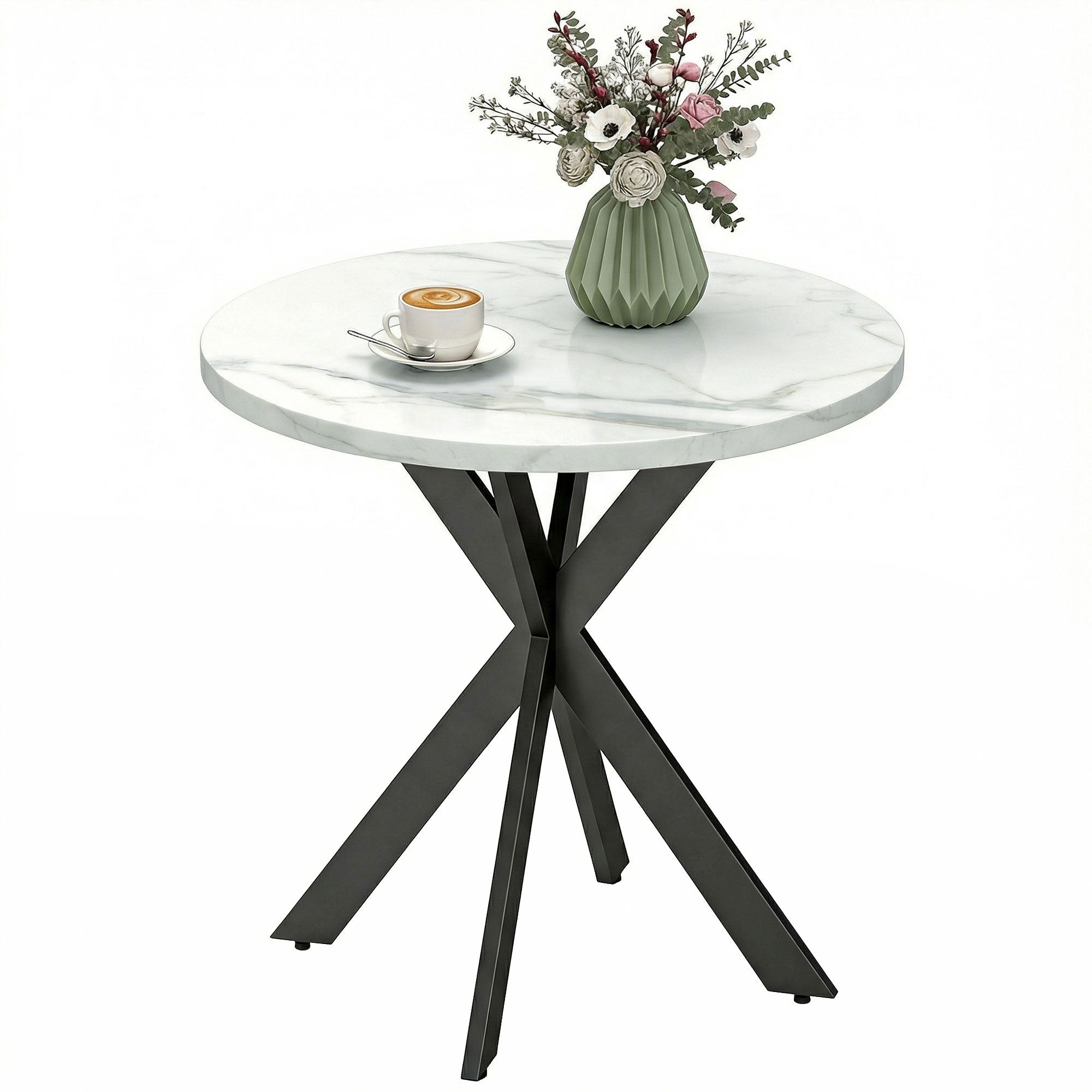29" Dining Table, Contemporary Round Kitchen Table with Steel Legs, White Marble-Effect
