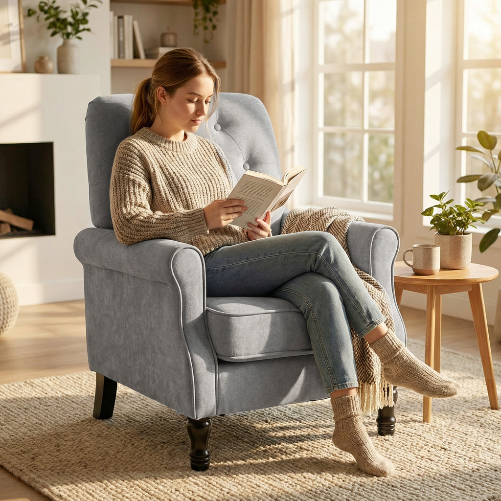 Accent Chair, Mid-Century Modern Armchair with Thick Padded Seat, Spring Cushion, Solid Wood Legs, Grey