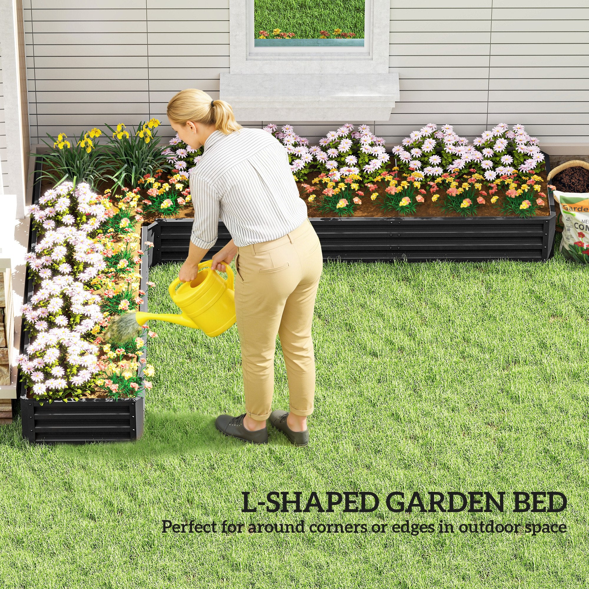 L-Shaped Raised Garden Bed, 82" x 109" x 12" Galvanized Steel Planter Box with Multi-reinforced Rods for Vegetables, Flowers and Herbs, Black