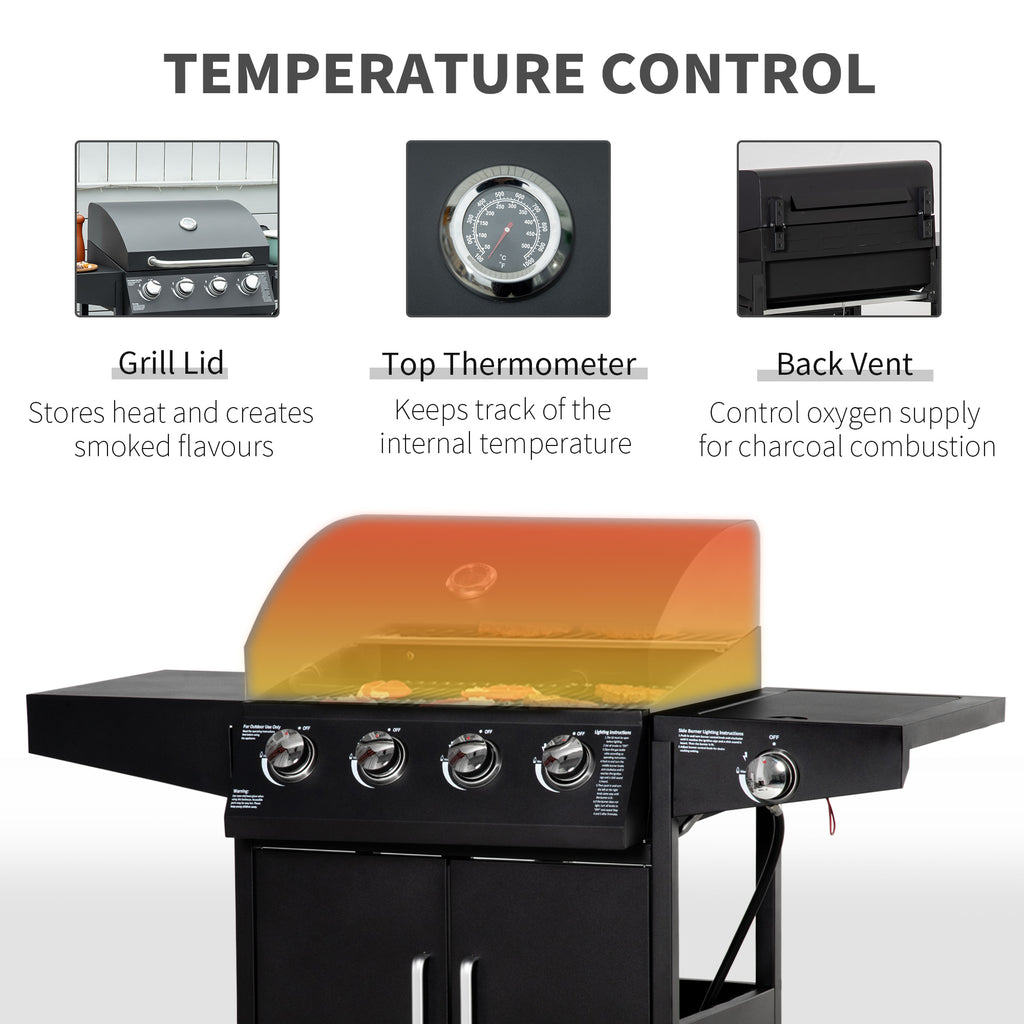 4+1 Burner Liquid Propane Gas Grill Outdoor Cabinet Style BBQ Trolley w/ Side Burner, Warming Rack, Side Shelf, Storage Cabinet, Thermometer, 4 Wheels, Carbon Steel, Black