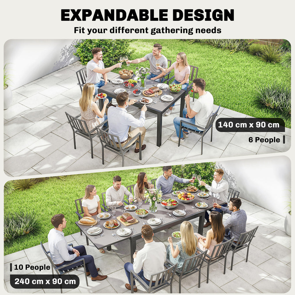Expandable Outdoor Dining Table, 55"-95" Patio Table with Tempered Glass Top and Aluminum Frame, Black