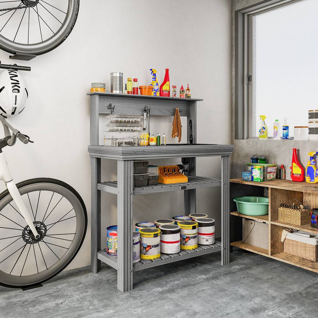 Outdoor Potting Bench Table with Faucet, Removable Sink, Hooks and Storage Shelves, Wood Work Bench Workstation, Grey