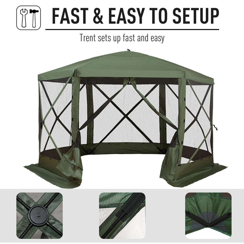 12' x 12' Hexagon Automatic Pop Up Screen Tents Camping Shelter Picnic Canopy Outdoor Sun Shade with Mesh Sidewalls and Carry Bag, Green