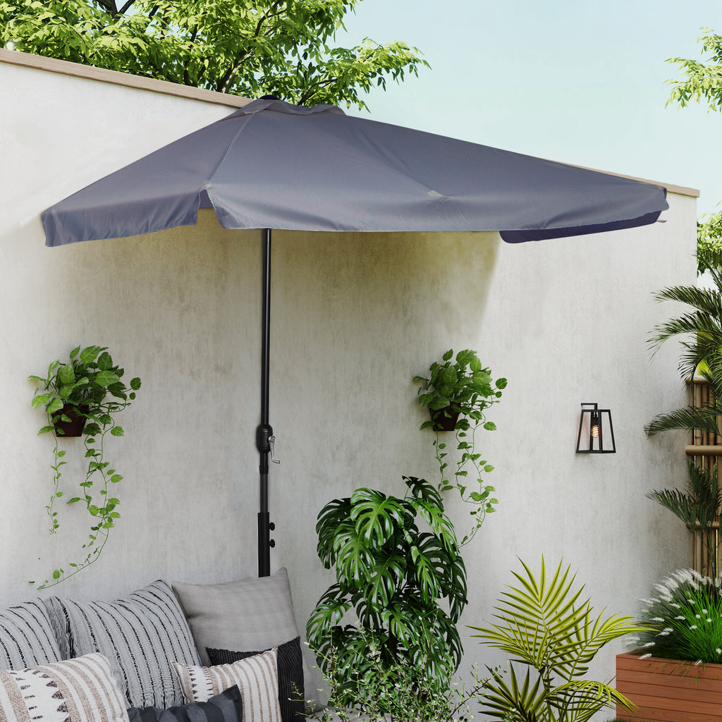 7.5ft Half Umbrella Semi Patio Parasol with Crank Handle, Top Vent for Garden, Balcony- NO BASE INCLUDED, Grey