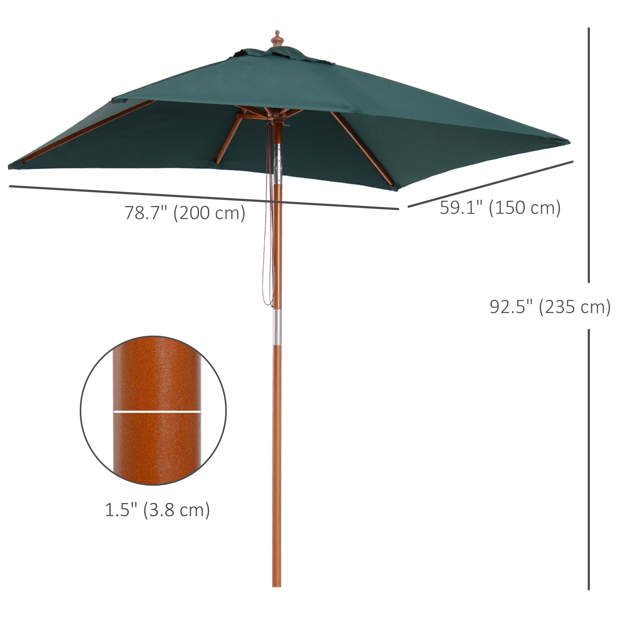 6.6x5ft Square Market Parasol, Wooden Patio Umbrella with Tilt Mechanism and 6 Bamboo Ribs, Garden Sunshade, Green