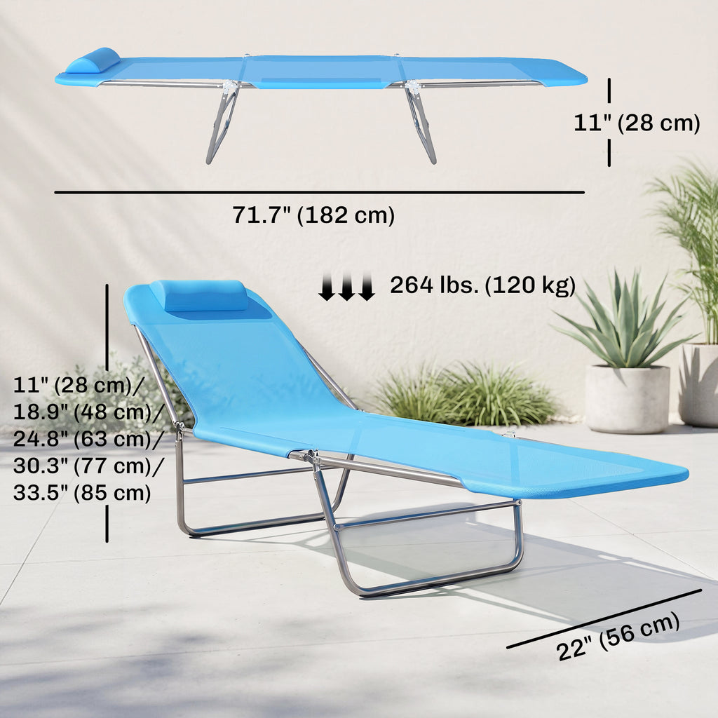 Outdoor Lounge Chair, Portable Adjustable Reclining Seat Folding Chaise Lounge Patio Camping Beach Tanning Chair Bed with Pillow, Blue