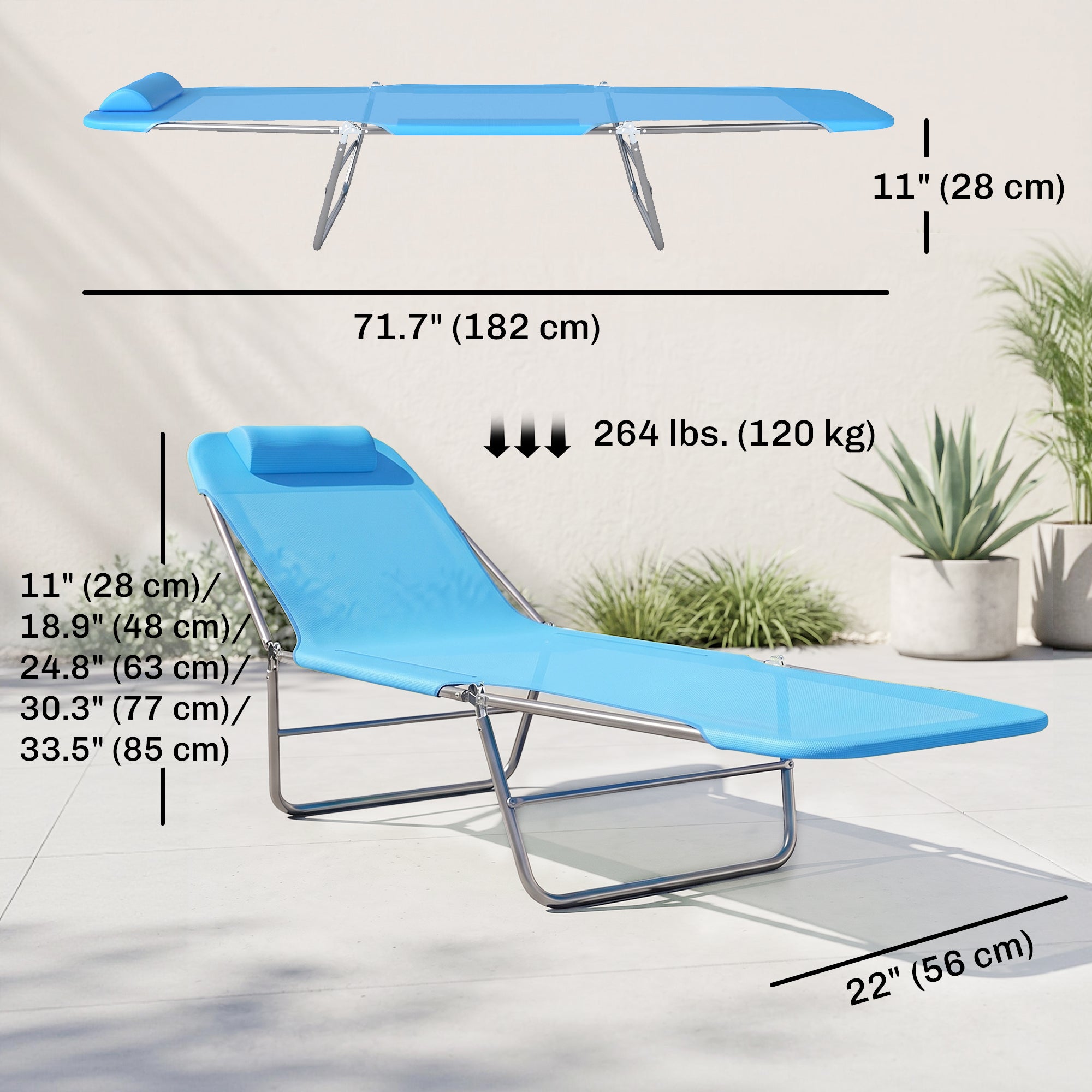 Outdoor Lounge Chair, Portable Adjustable Reclining Seat Folding Chaise Lounge Patio Camping Beach Tanning Chair Bed with Pillow, Blue