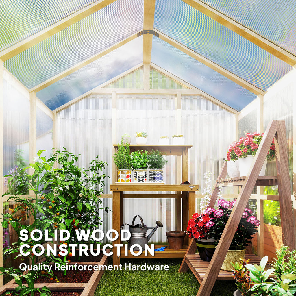 6.6 x 6ft Polycarbonate Greenhouse Wooden Green House with Thickened Polycarbonate Sheets, Lockable Door, Brown