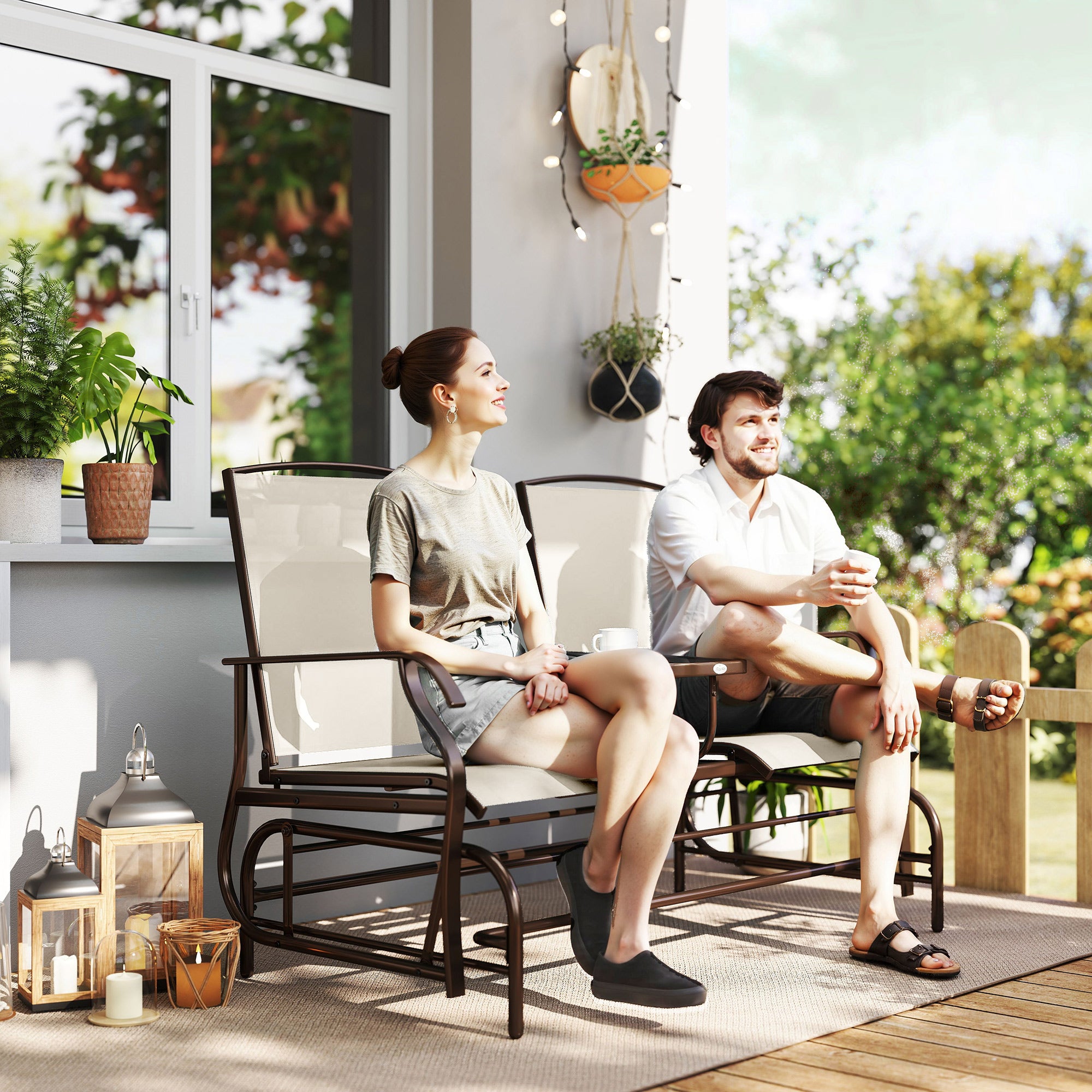 Patio Glider Rocking Chair 2 Person Outdoor Loveseat Rocker Garden Furniture Bench, Beige