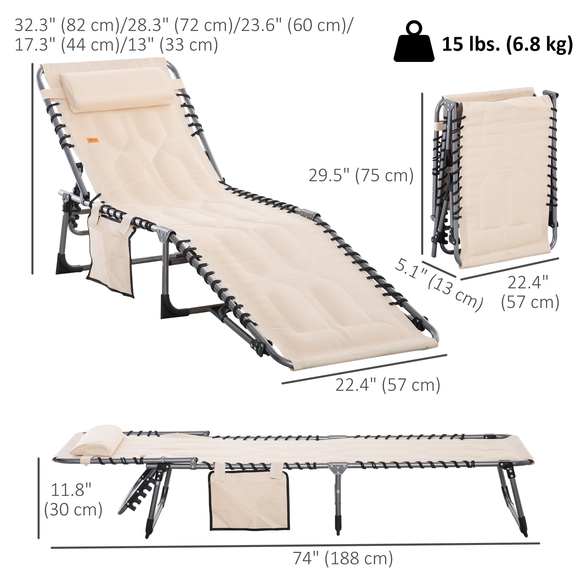 Outdoor Lounge Chair, Folding Chaise Lounge, Patio Padded Tanning Chair with 5-position Adjustable Backrest, Pillow and Pocket for Deck, Beach, Lawn and Sunbathing, Beige
