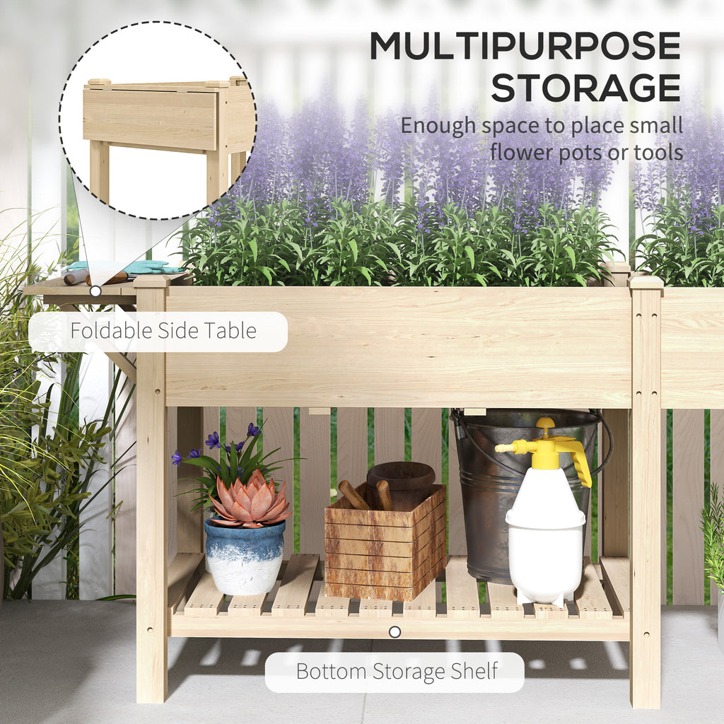 Raised Garden Bed, Wood Planter Box with Side Table, Bottom Shelf, Bed Liners and Drainage Holes, Natural