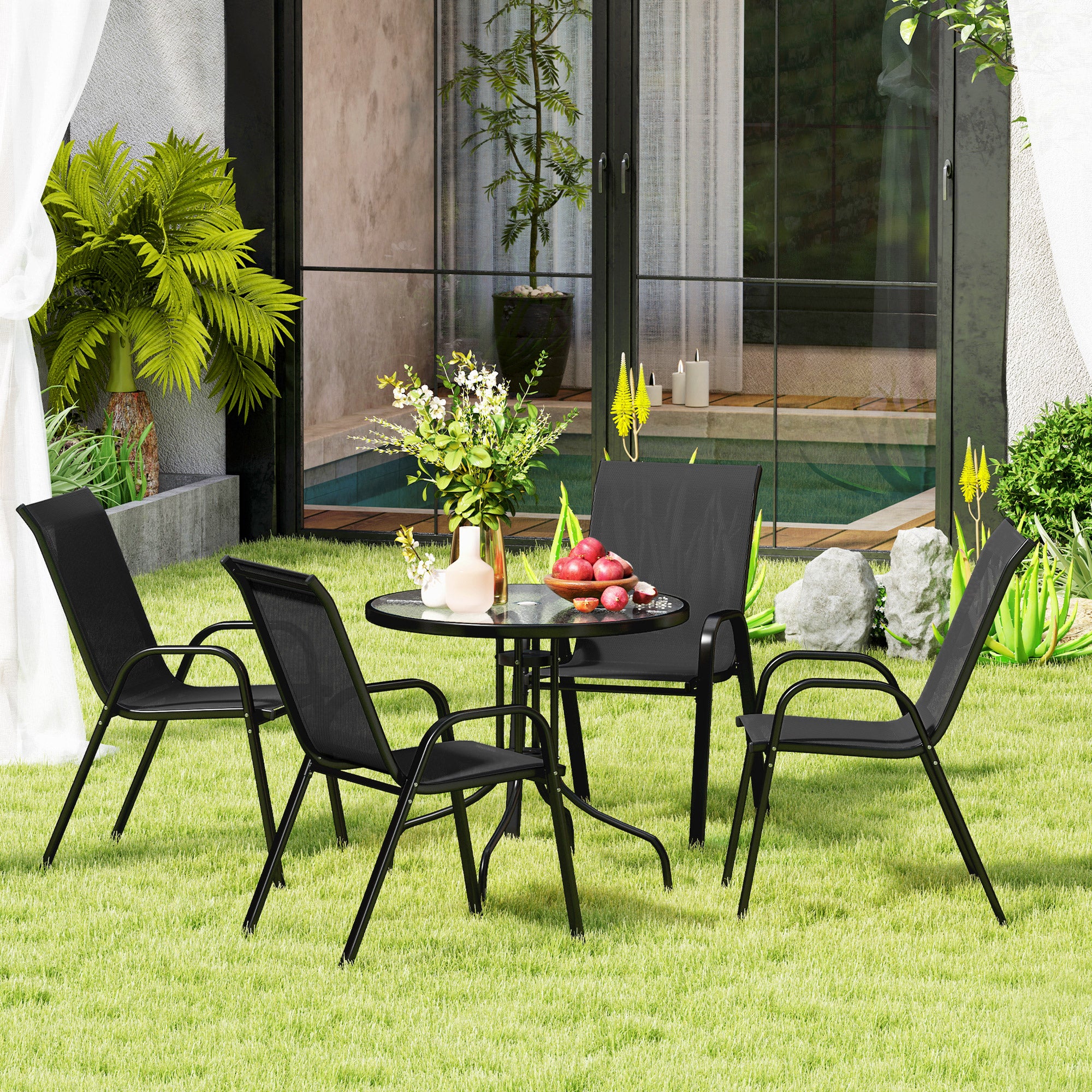 Five-Piece Steel Patio Set, with Glass-Top Table - Black