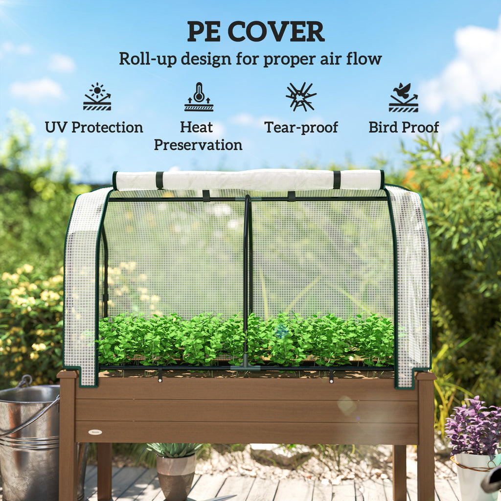 Raised Garden Bed with PE Greenhouse Cover Outdoor Elevated Wood Planter Box for Herbs and Vegetables Brown