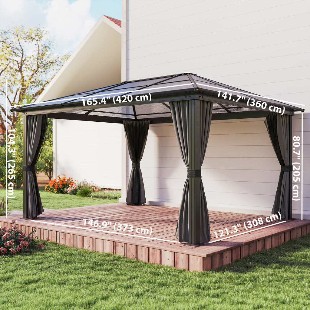 12' x 15' Hardtop Gazebo Canopy with Polycarbonate Roof, Aluminum Frame, Netting, Curtains and Ceiling Hook, Dark Grey