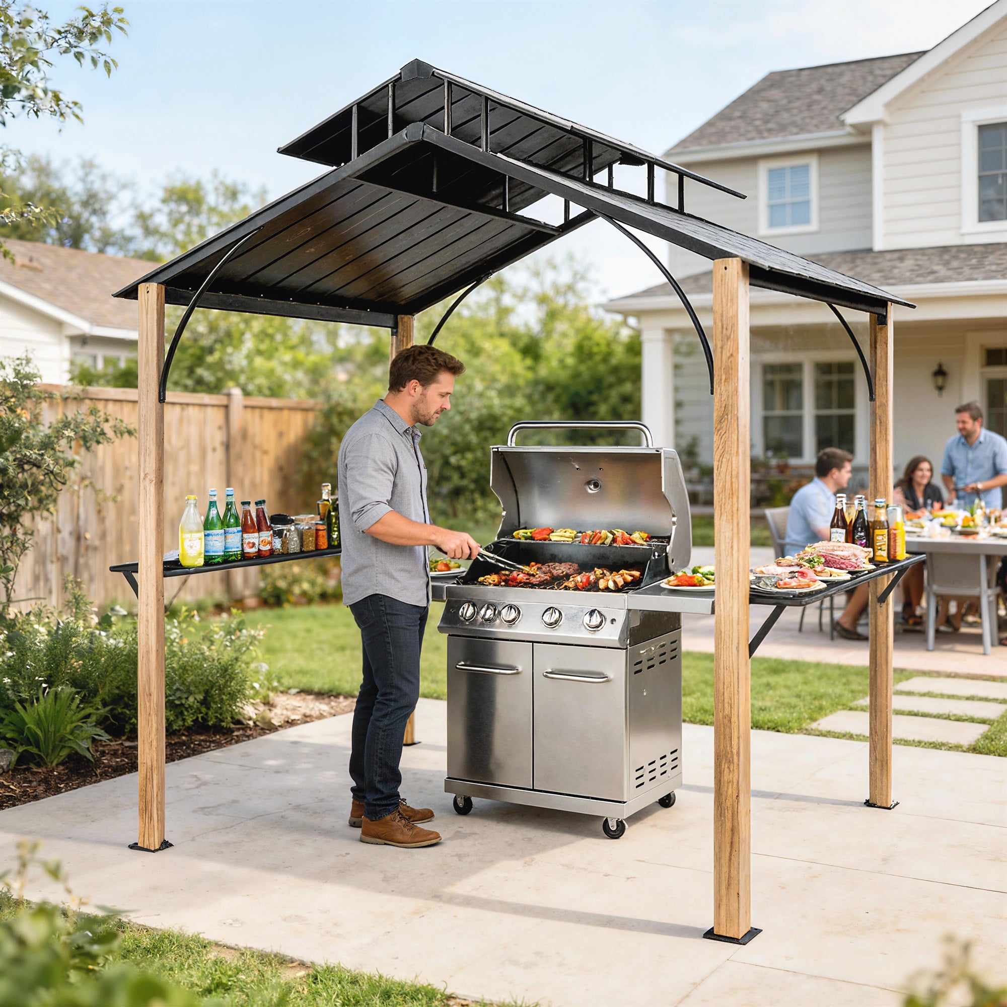 8 x 6ft Hardtop Grill Gazebo, BBQ Gazebo with Metal Double Roof, Outdoor Grill Canopy with Wood-Grain Aluminum Frame