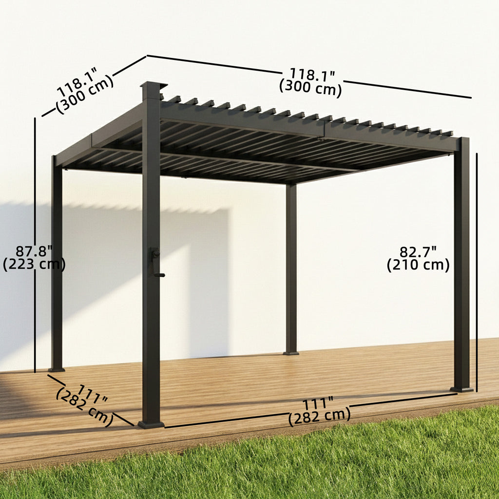 10 x 10 ft Louvered Pergola with Solar LED lights, Metal Roof, Outdoor Pergola Gazebo with Drainage Gutters, Black