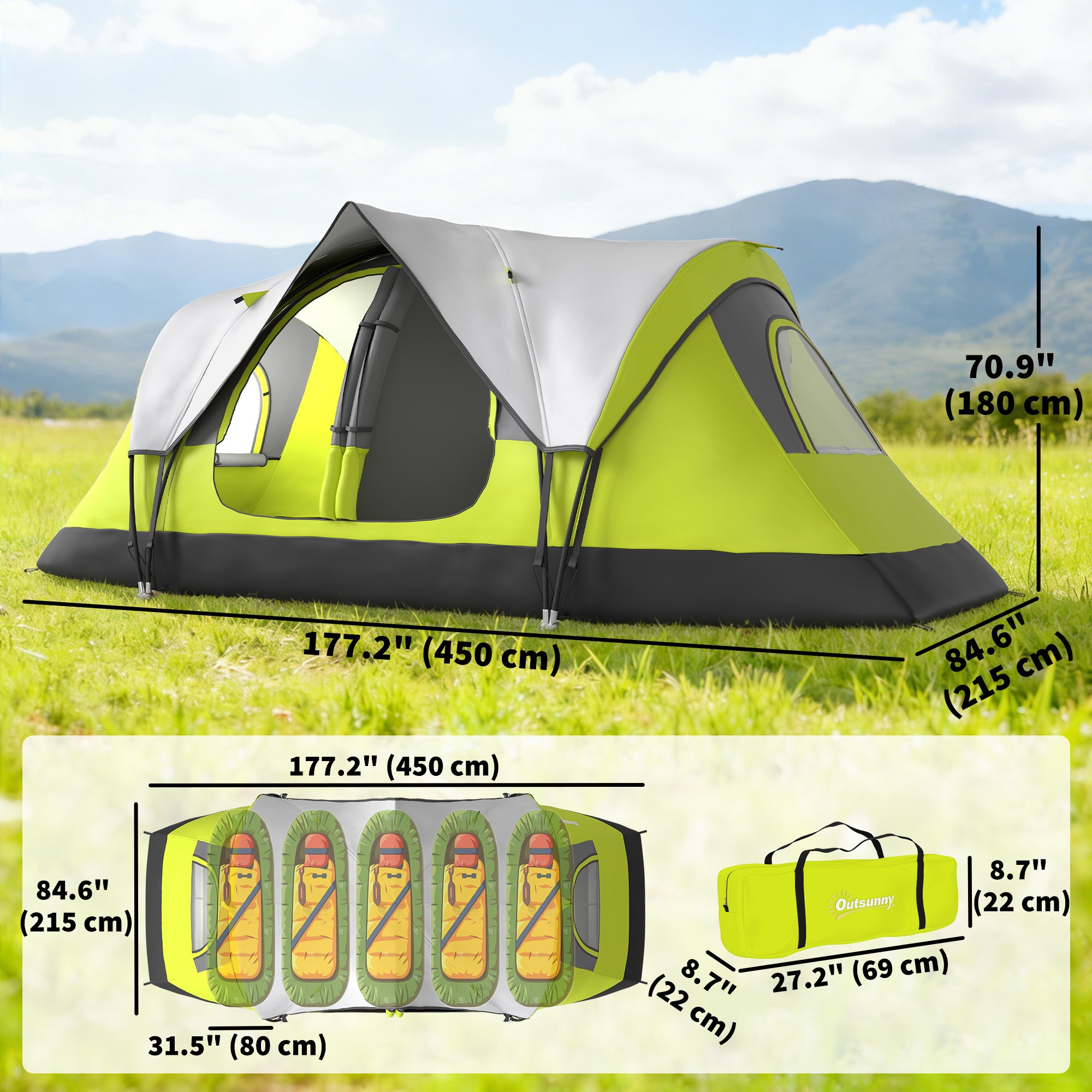 Camping Tent for 6 with 2 Bedroom, Waterproof Rainfly and Carry Bag for Fishing Hiking Festival, Green