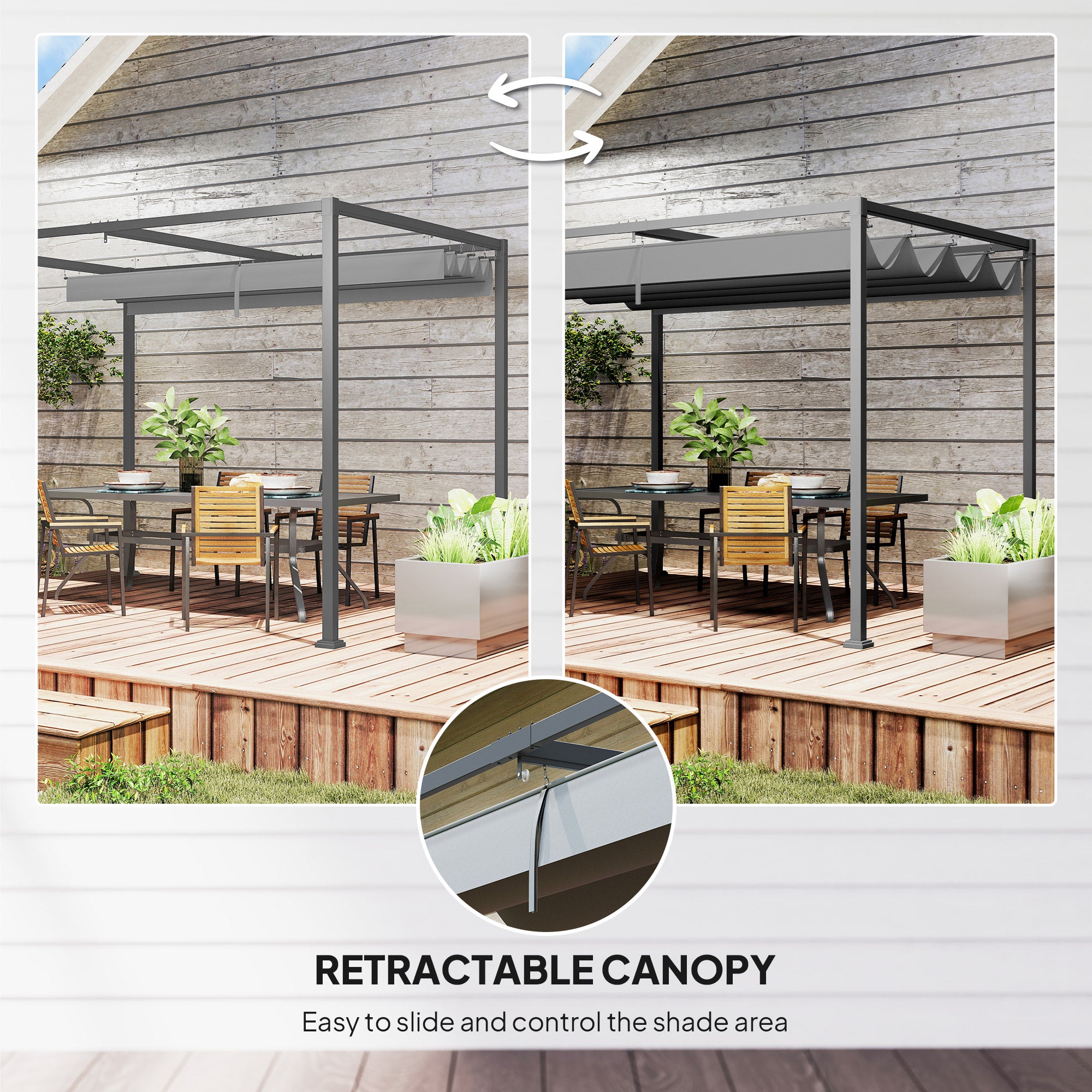 10x7ft Pergola with Retractable Roof Outdoor Patio Sun Shelter Garden Grape Tent Water-resistant Yard Shade Grey