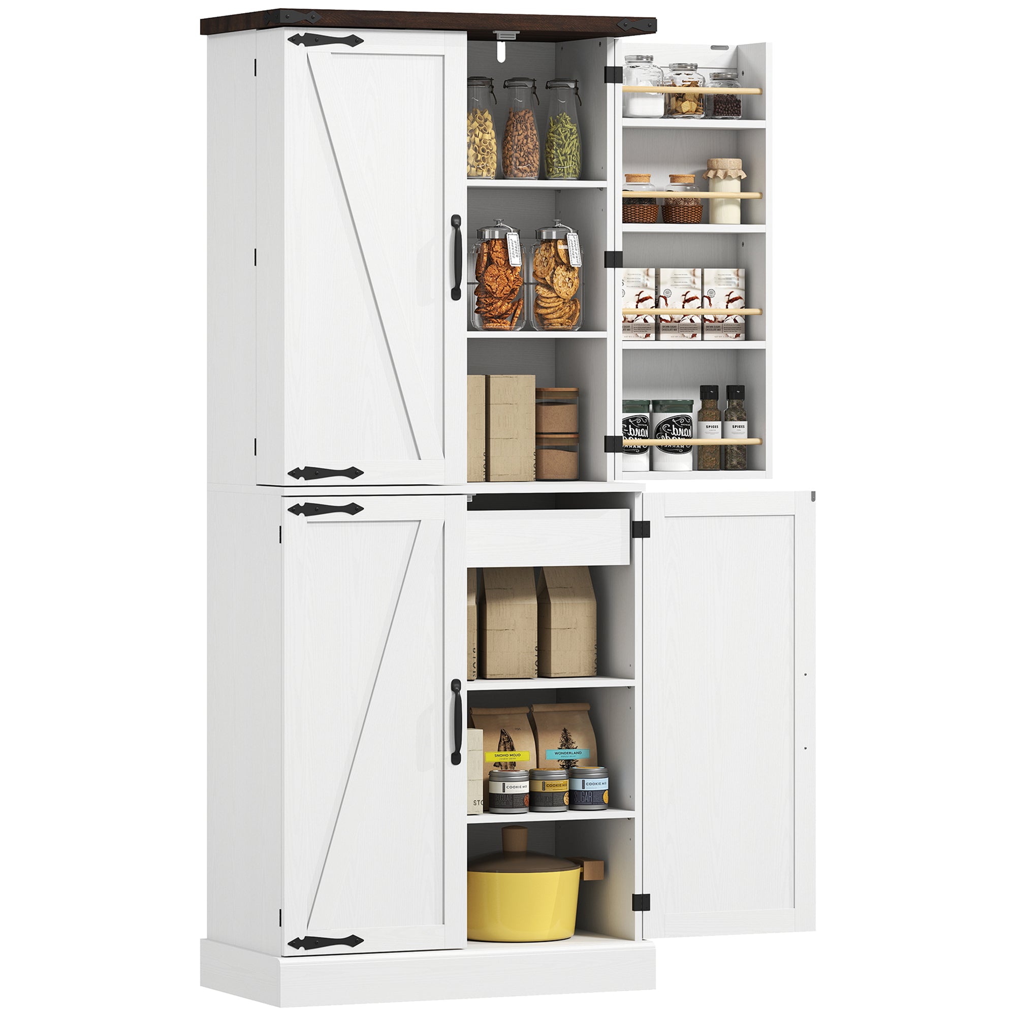 72" Tall Kitchen Pantry Cabinet, Farmhouse Storage Cabinet with 8 Door Racks and Adjustable Shelves, White