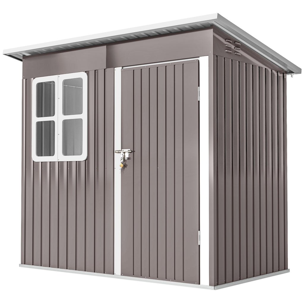 7' x 4' Galvanised Steel Outdoor Storage Shed, Garden Shed with Window, Lockable Wide Door and Air Vents, Warm Grey