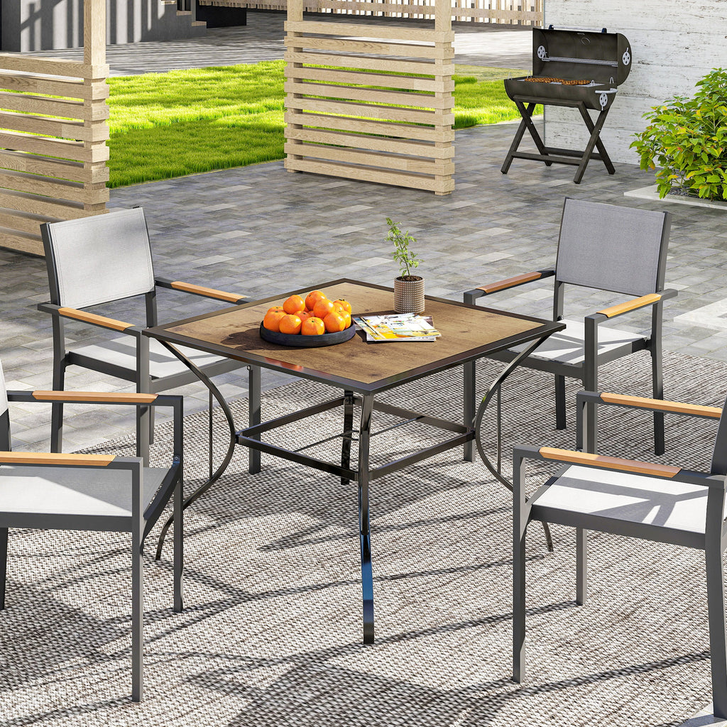 37" Garden Outdoor Dining Table for 4, Square Patio Table with Umbrella Hole, Plastic Board Tabletop for Backyard, Poolside, Mixed Brown