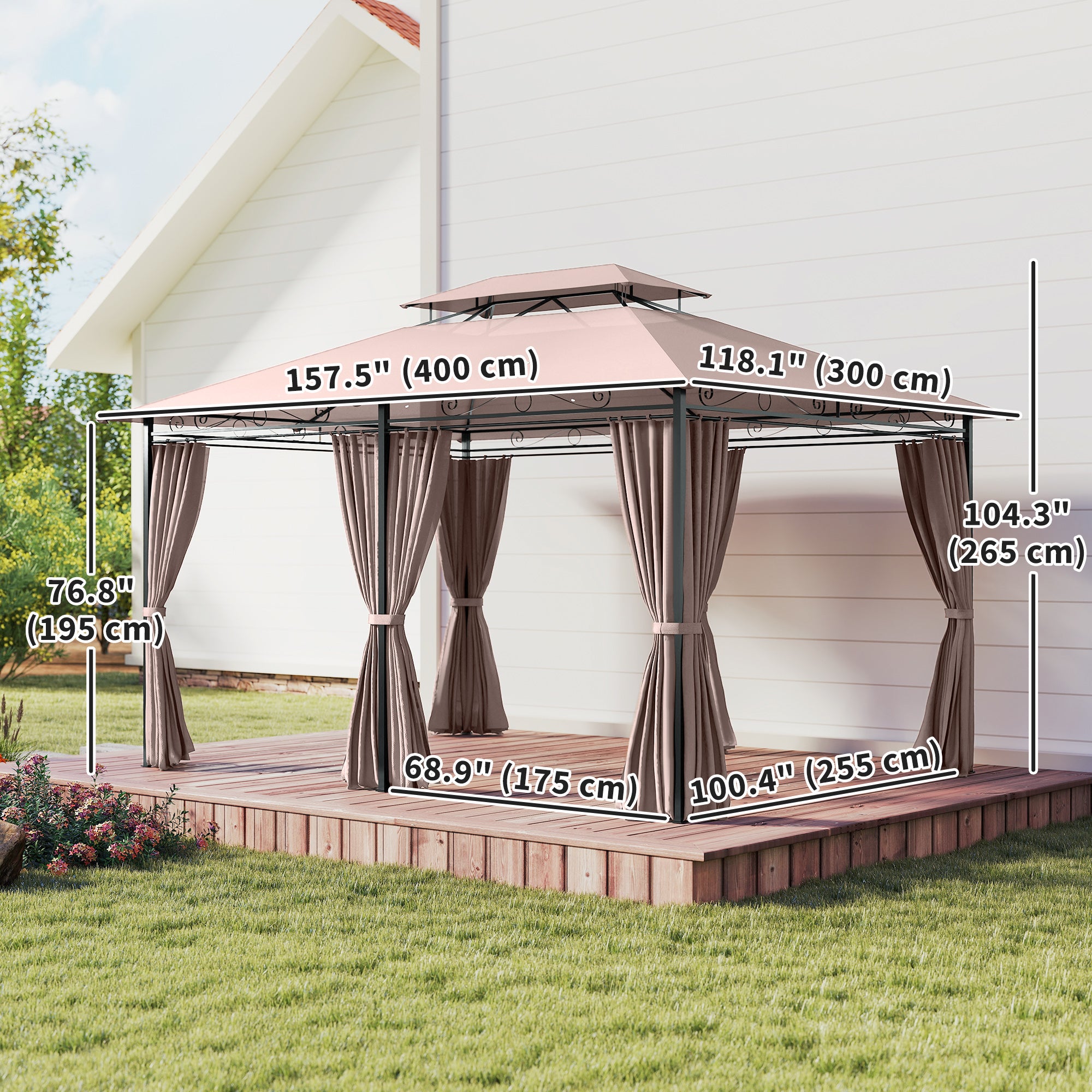 10' x 13' Patio Gazebo, Outdoor 2-Tiers Garden Canopy Yard Sunshade Shelter with Curtains, Khaki