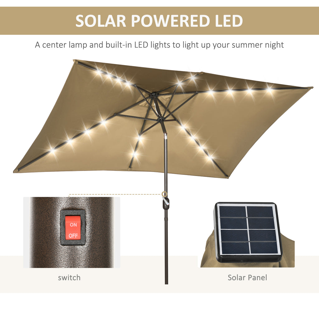 6.5x10ft Patio Umbrella Rectangle Solar Powered Tilt Aluminum Outdoor Market Parasol with LEDs Crank (Light Coffee)