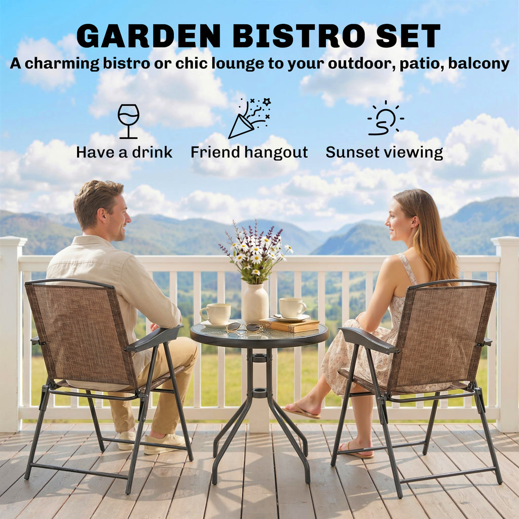 Folding Outdoor Bistro Set, Patio Table and Chairs with Reclining Backrest and Round Dining Table, Brown