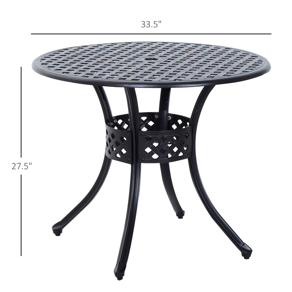 33-Inch Roud Patio Dining Table with Umbrella Hole, Cast Aluminum Garden Table, All Weather Patio Bisto Table, for Lawn, Garden, Outside, Black