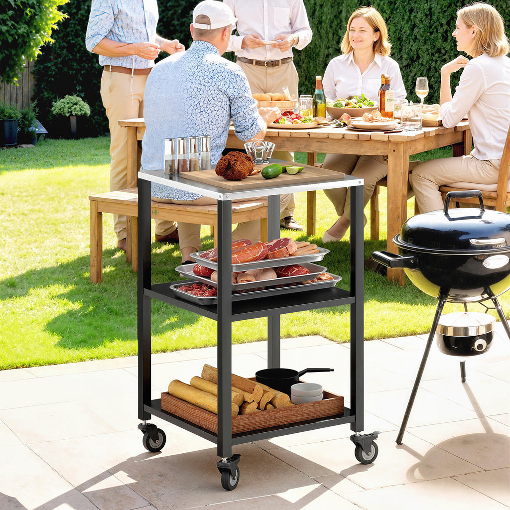 Outdoor Grill Cart, Pizza Oven Stand with Stainless Steel Top, 3-Tier Rolling Kitchen Prep Station with Wheels, Black