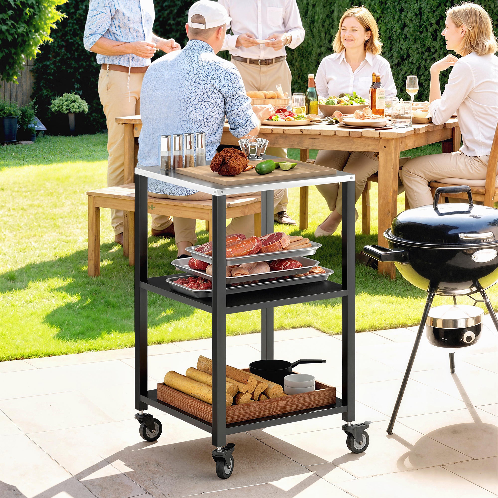 Outdoor Grill Cart, Pizza Oven Stand with Stainless Steel Top, 3-Tier Rolling Kitchen Prep Station with Wheels, Black