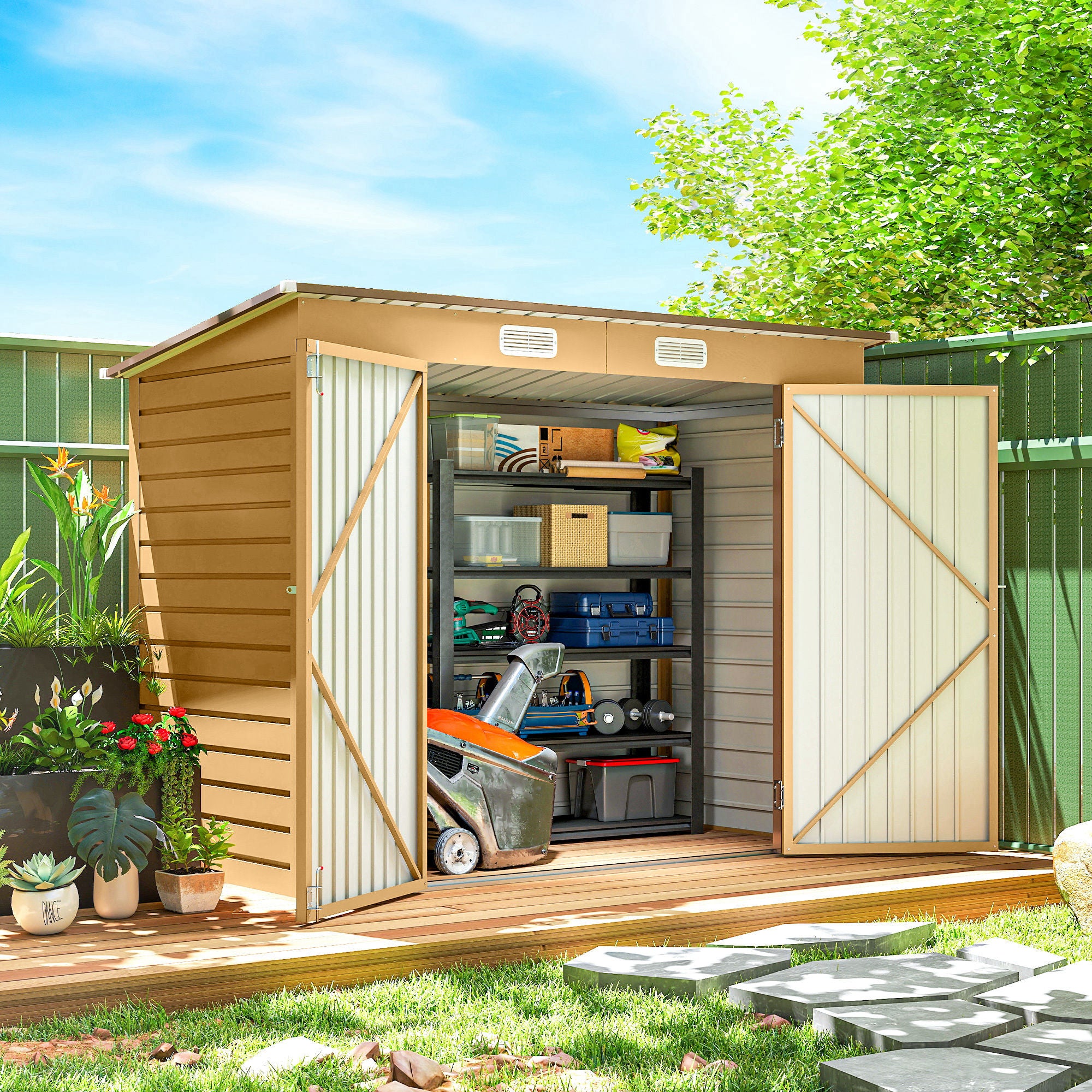 8 x 4FT Galvanized Garden Storage Shed, Metal Outdoor Shed with Double Doors and 2 Vents, Yellow